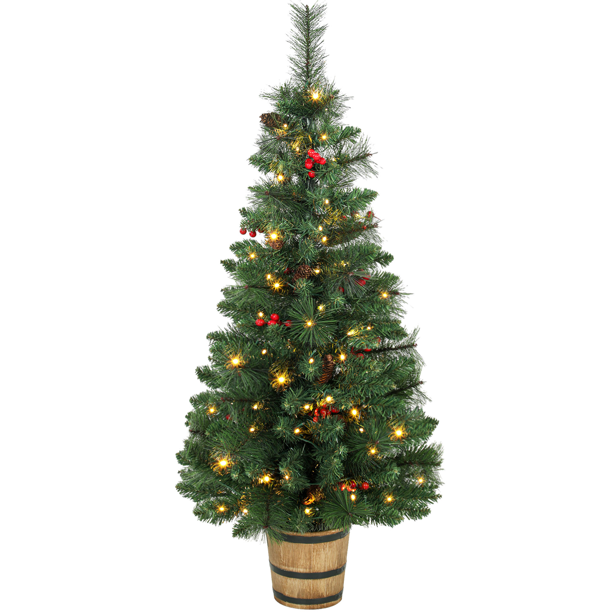 HOMCOM Künstlicher Weihnachtsbaum, 120 cm Christbaum mit 100 LED-Beleuchtung 131 Spitzen Beeren, 2 Lichtfarben, Fernbedienung, Kiefernholz-Form Weihnachtsdeko für Indoor, Grün Aosom