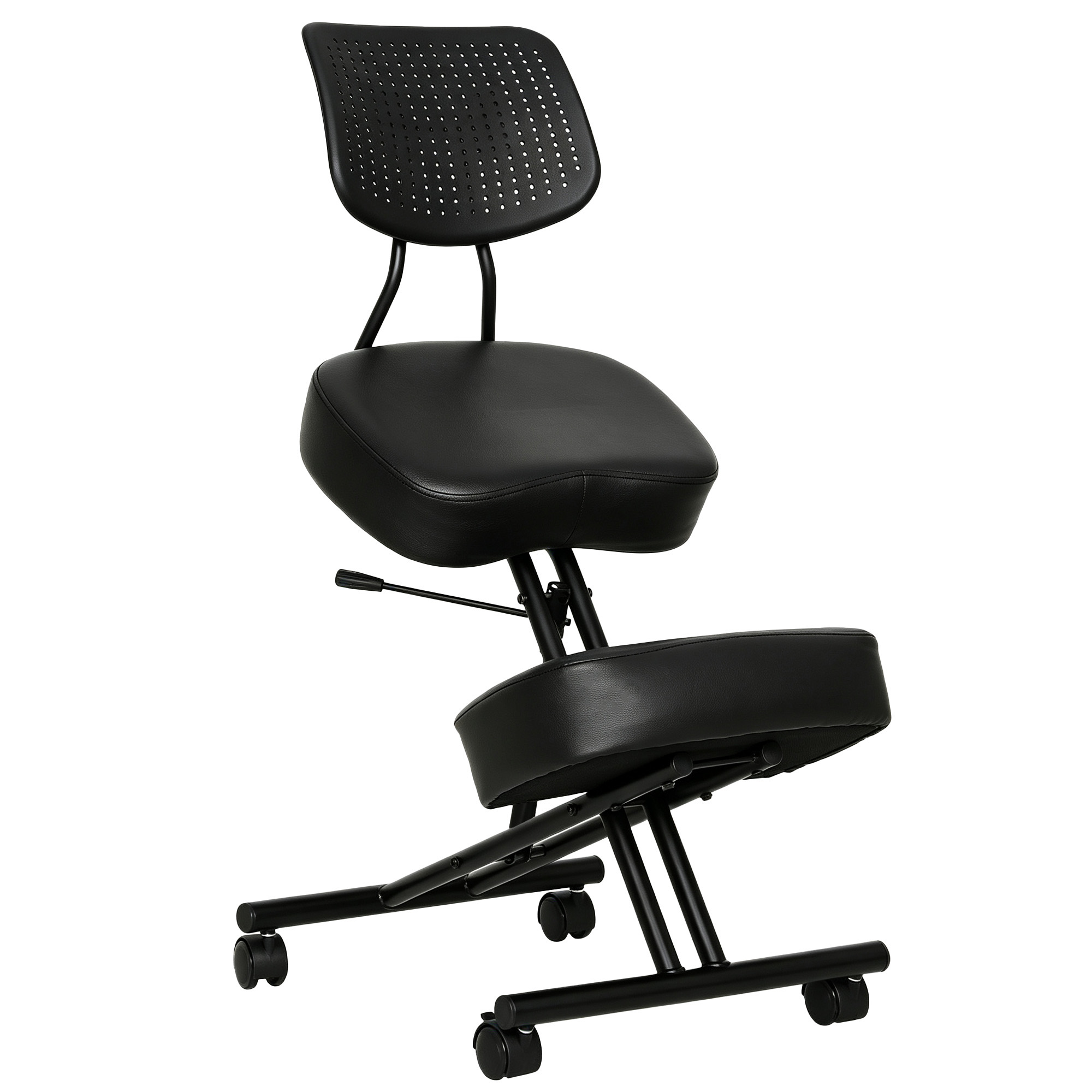 HOMCOM Ergonomischer Kniesitz mit Rückenlehne, verstellbarer PU-Kniesitz auf Rollen, große Knieauflage, orthopädischer Holz-Bürohocker, Haltungskorrektor, Schwarz Aosom