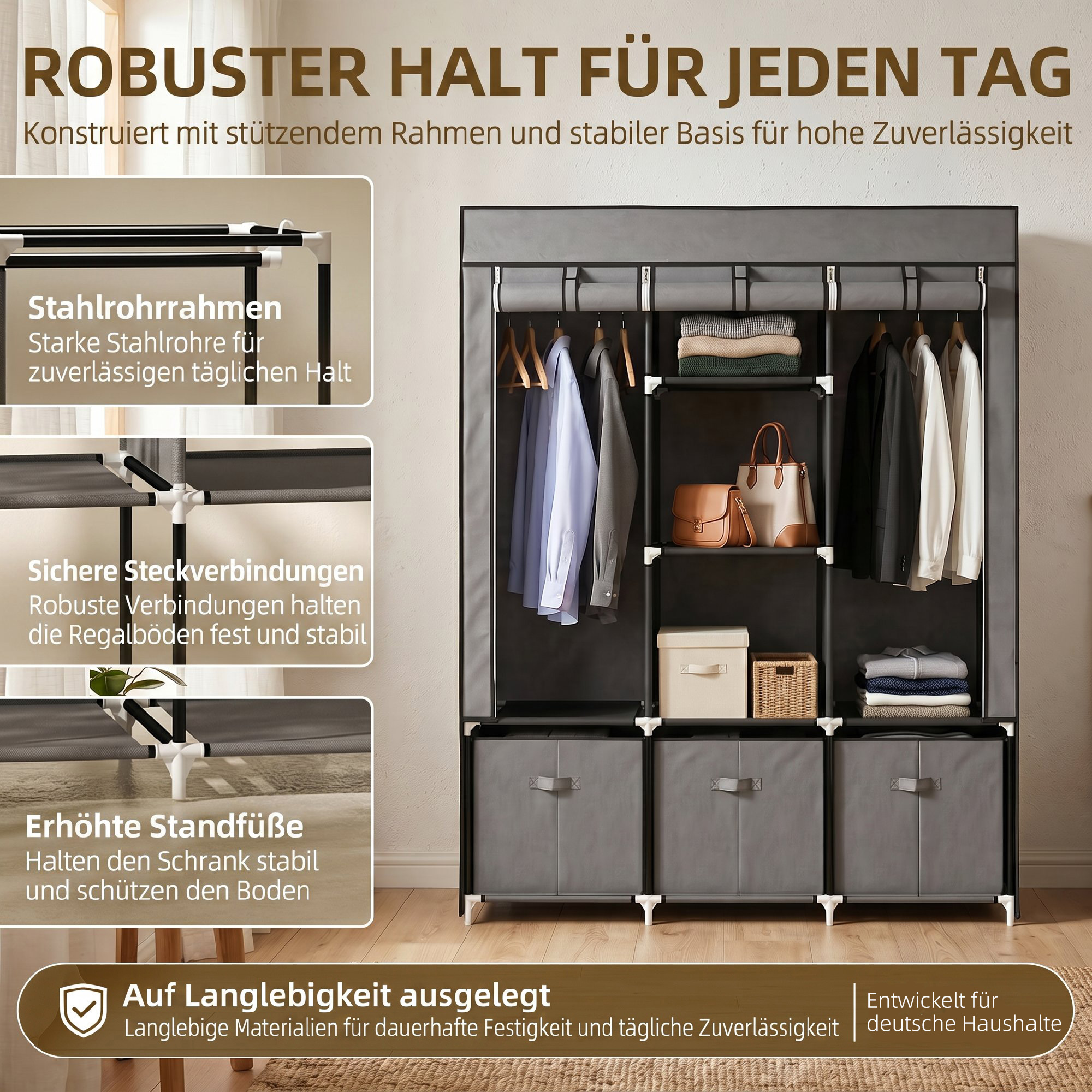 Kokkupandav riidekapp lausriidest, 3 sahtliga, 125 cm x 43 cm x 162,5 cm, hall