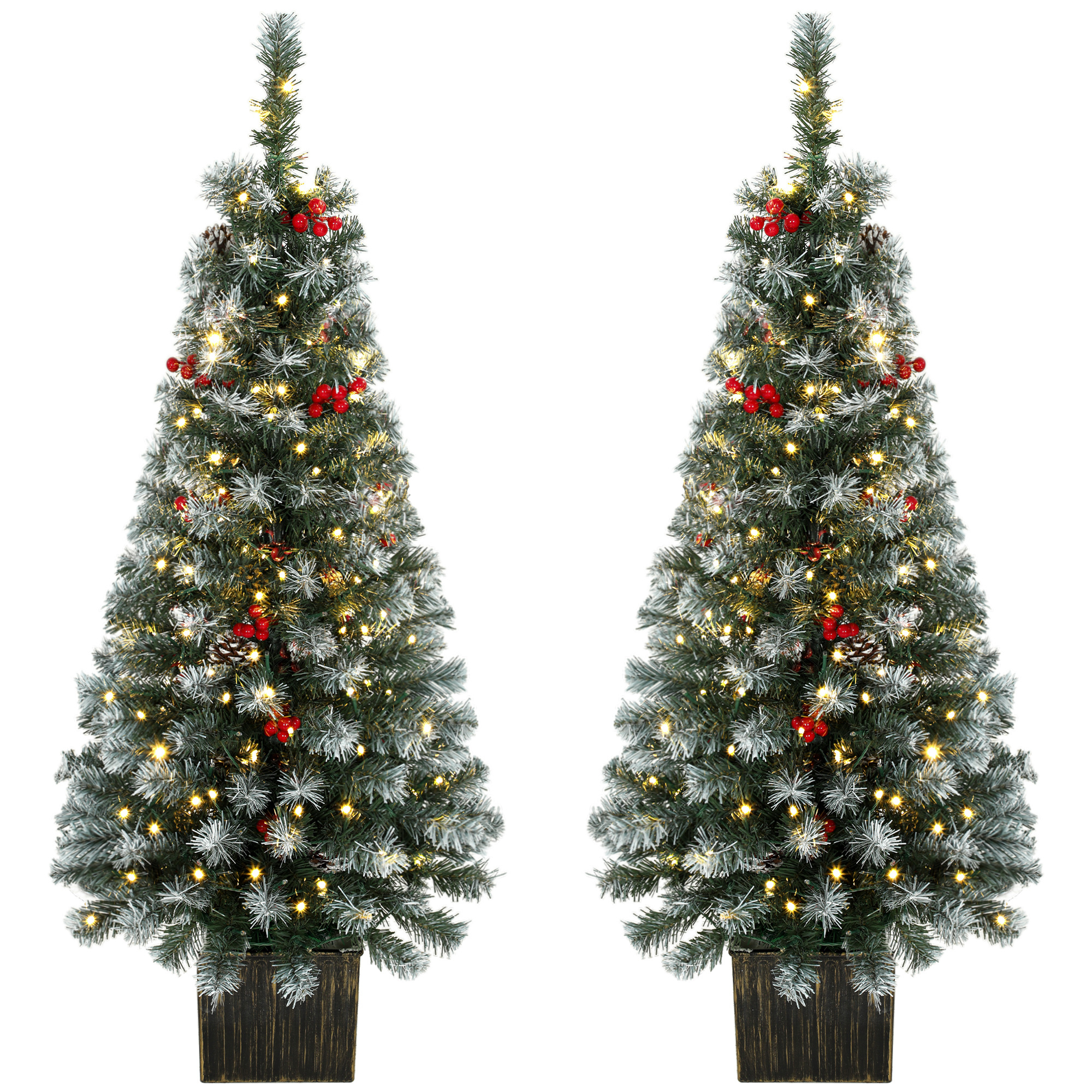 HOMCOM 4ft Pre-Lit Slim Artificial Christmas Tree Set of 2, with 100 Dual-Colour LED Lights, 140 Frosted Branch Tips
