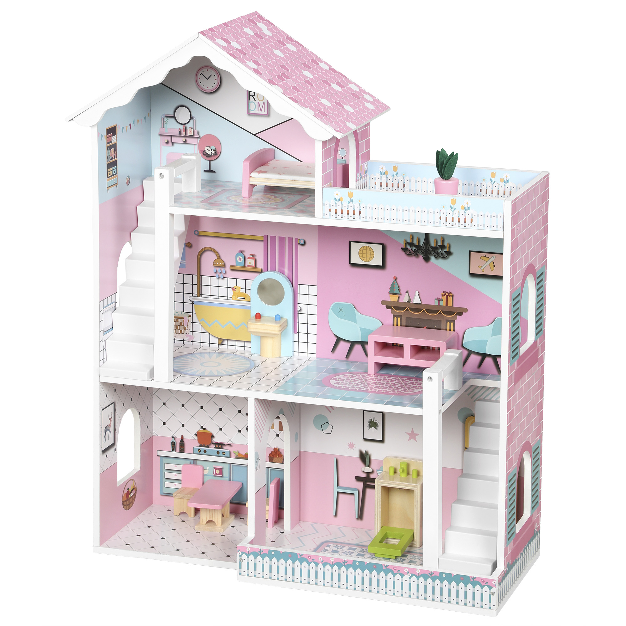 AIYAPLAY Wooden Dolls House, Large 3-Storey Modern Dollhouse with 10 Accessories, Pretend Play Toy Gift for Ages 3-6 Years, Pink