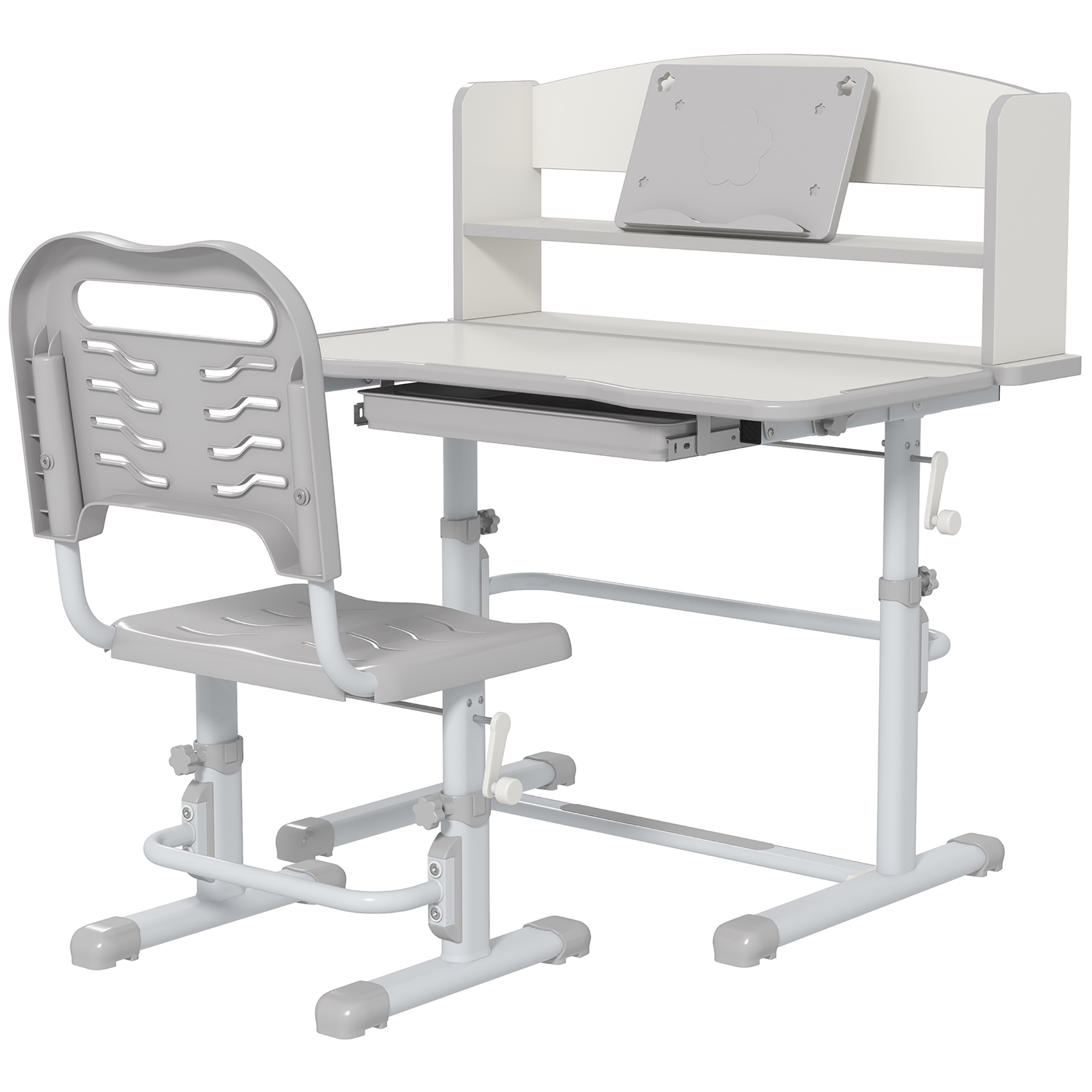 ZONEKIZ Height Adjustable Kids Study Table and Chair Set, with Drawer, Storage Shelf, 80 x 54.5 x 104 cm, Grey Aosom UK
