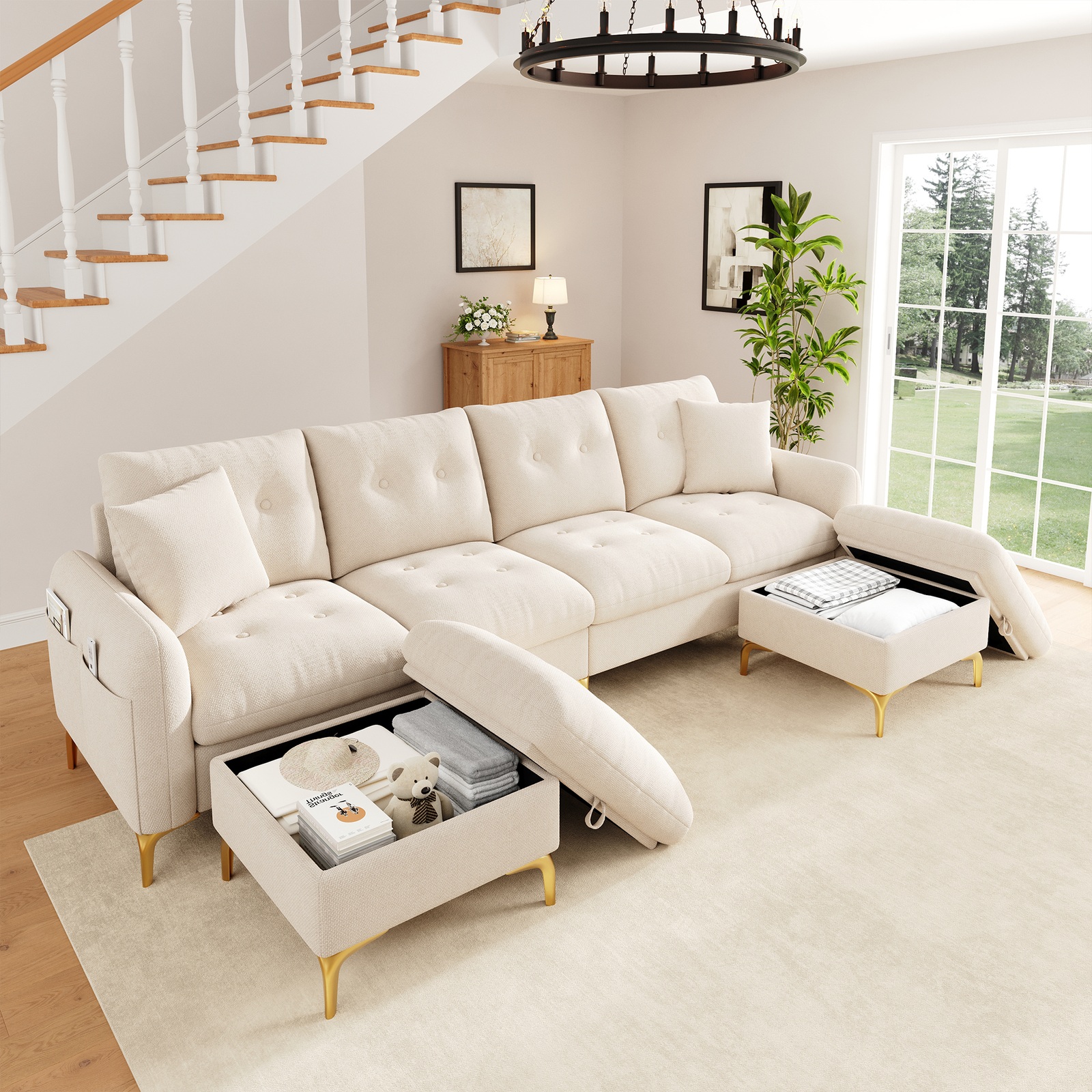Modern U-Shaped Modular Sleeper Sofa with 2 Storage Ottomans (Beige) Price with Code: £451.43 (Was £752.99 – Save £301.56 / 40% off overall)