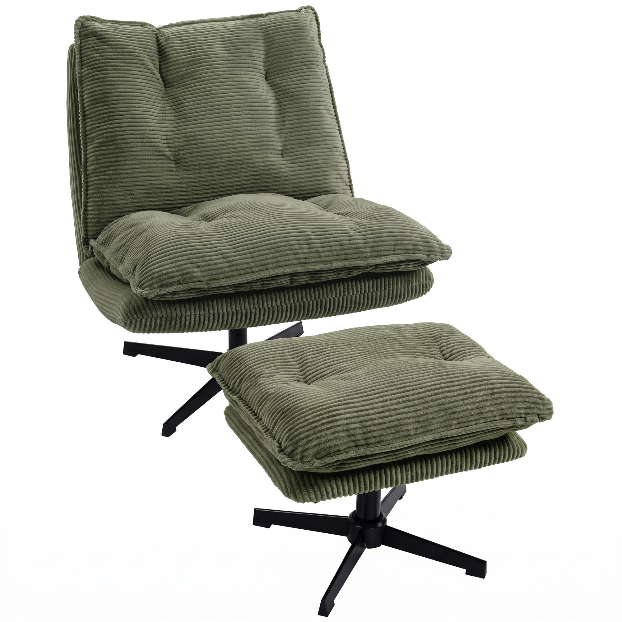 HOMCOM Relaxsessel mit Höhenverstellbarem Hocker 360° Drehbarer Loungesessel mit Cord-Optik, Breiter Sitzfläche, Stahlgestell, Steppdesign Gepolstert Sessel Polstersessel für Wohnzimmer, Grün Aosom