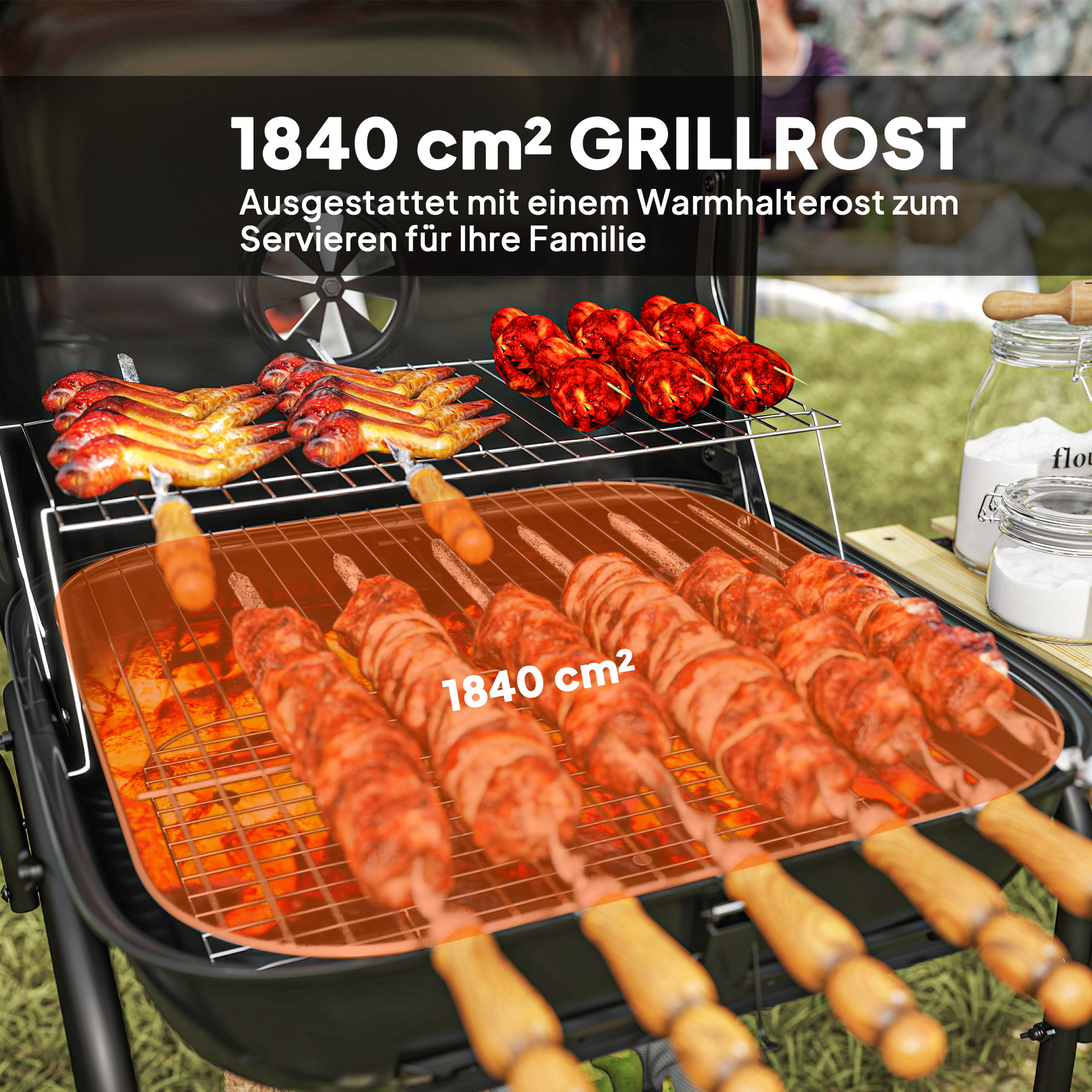 Terasest söegrill, lukustatava kaanega grillikäru, grillrest, rattad, käepide, puidust riiul, 98 x 54 x 91 cm, must