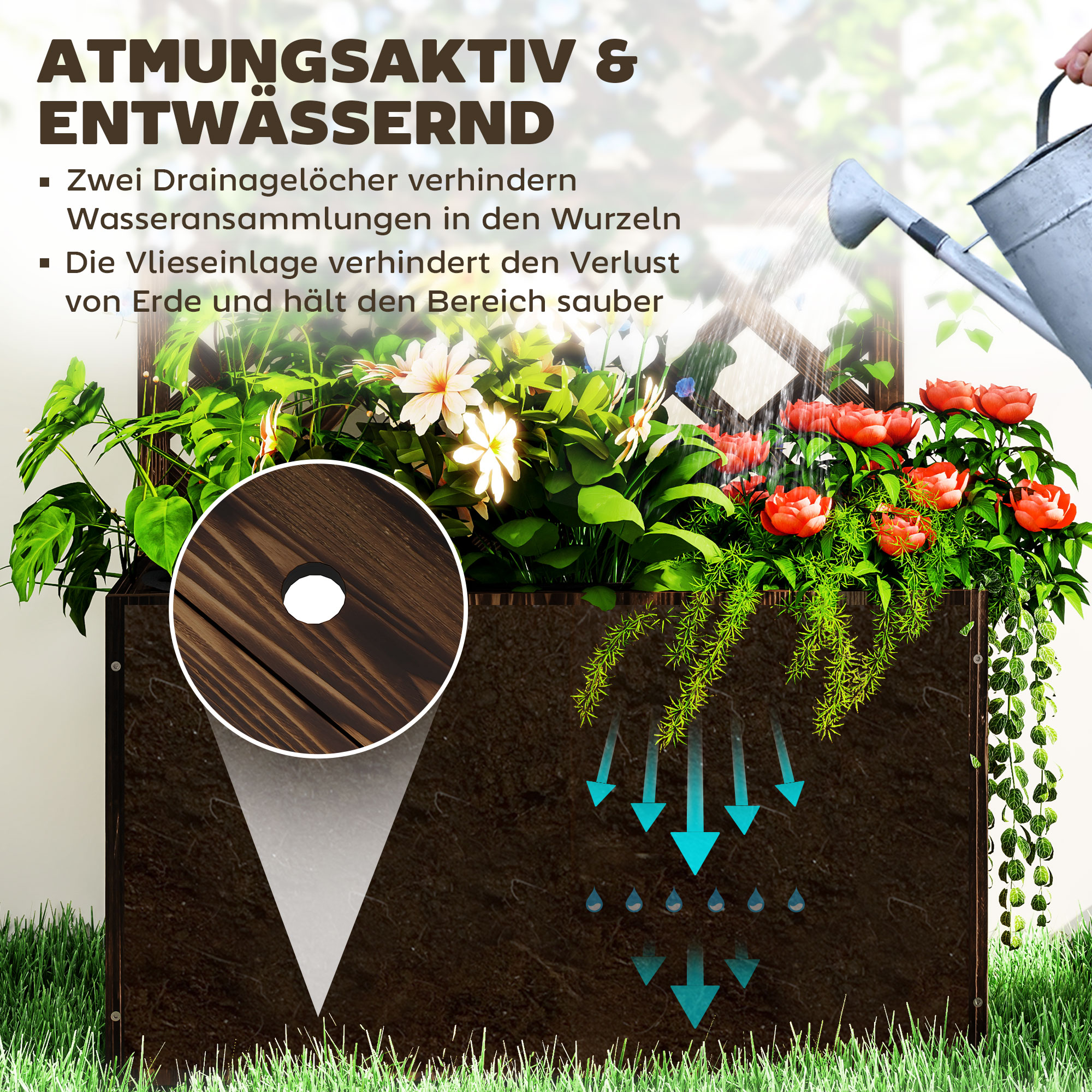 Kõrgpeenra lillekast võrega, võrega lillekast, lillekast, puit, aiast võre 64 x 33 x 122 cm, söestunud