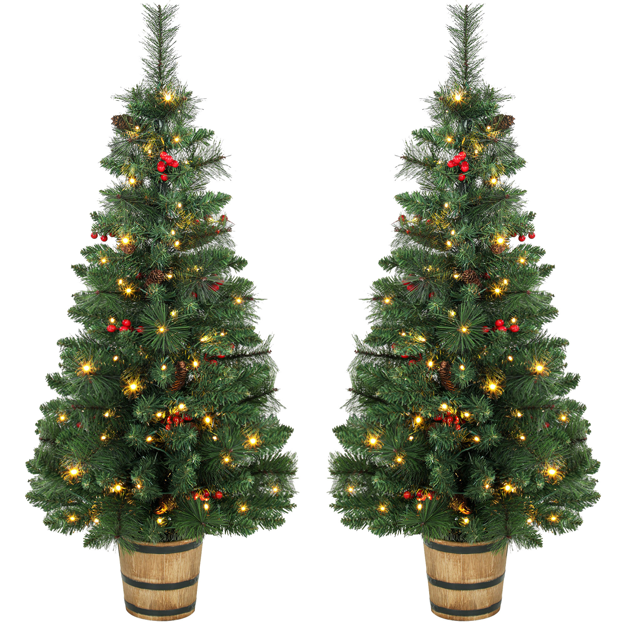 HOMCOM 2 PCs Prelit Christmas Trees with Dual-Colour LEDs, Berry, Pinecones, Battery-Operated, 11 Modes, Pot, Remote, 4ft