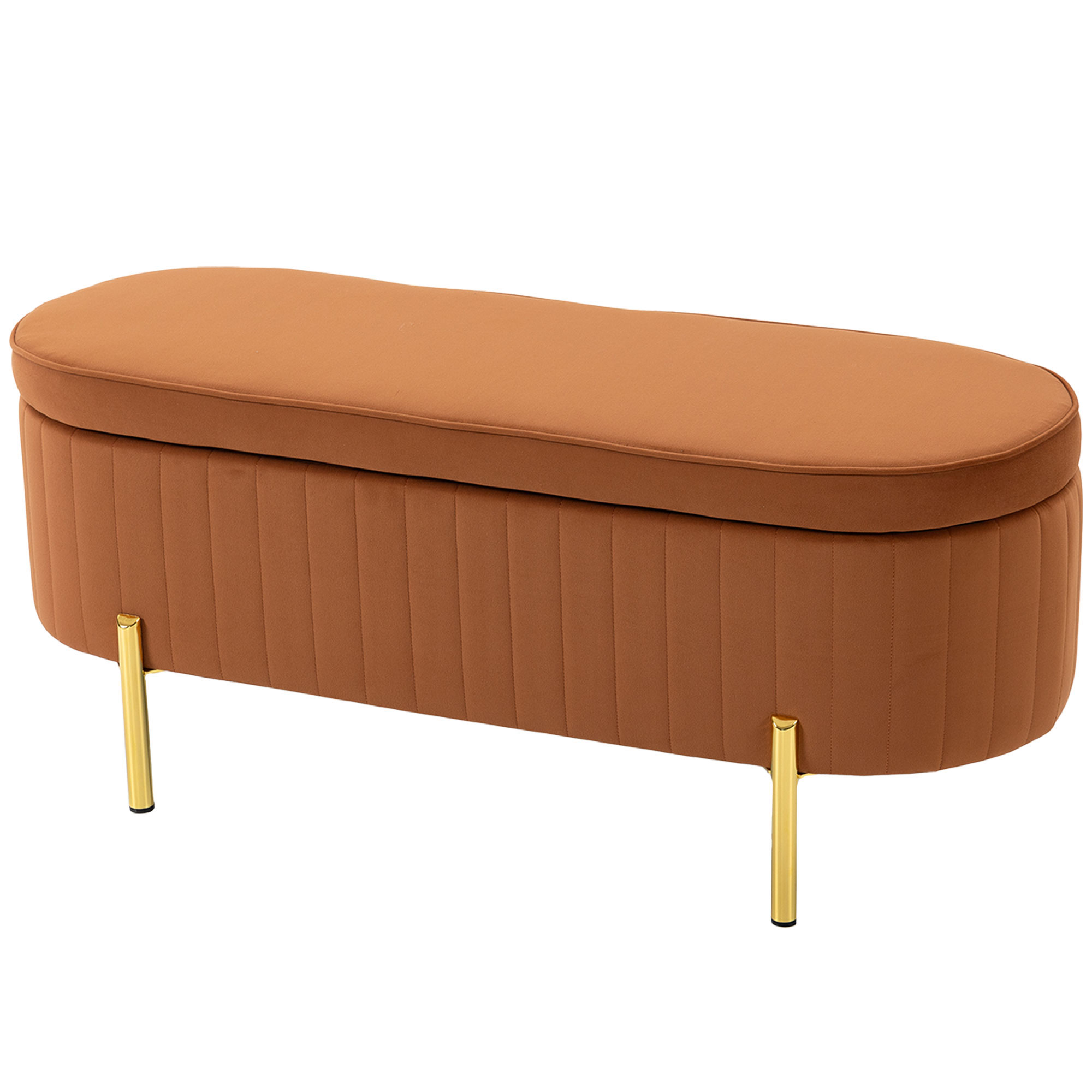 Banquette Coffre Ovale 72L avec Couvercle Relevable, en Tissu Velours et Bois, Marron Doré
