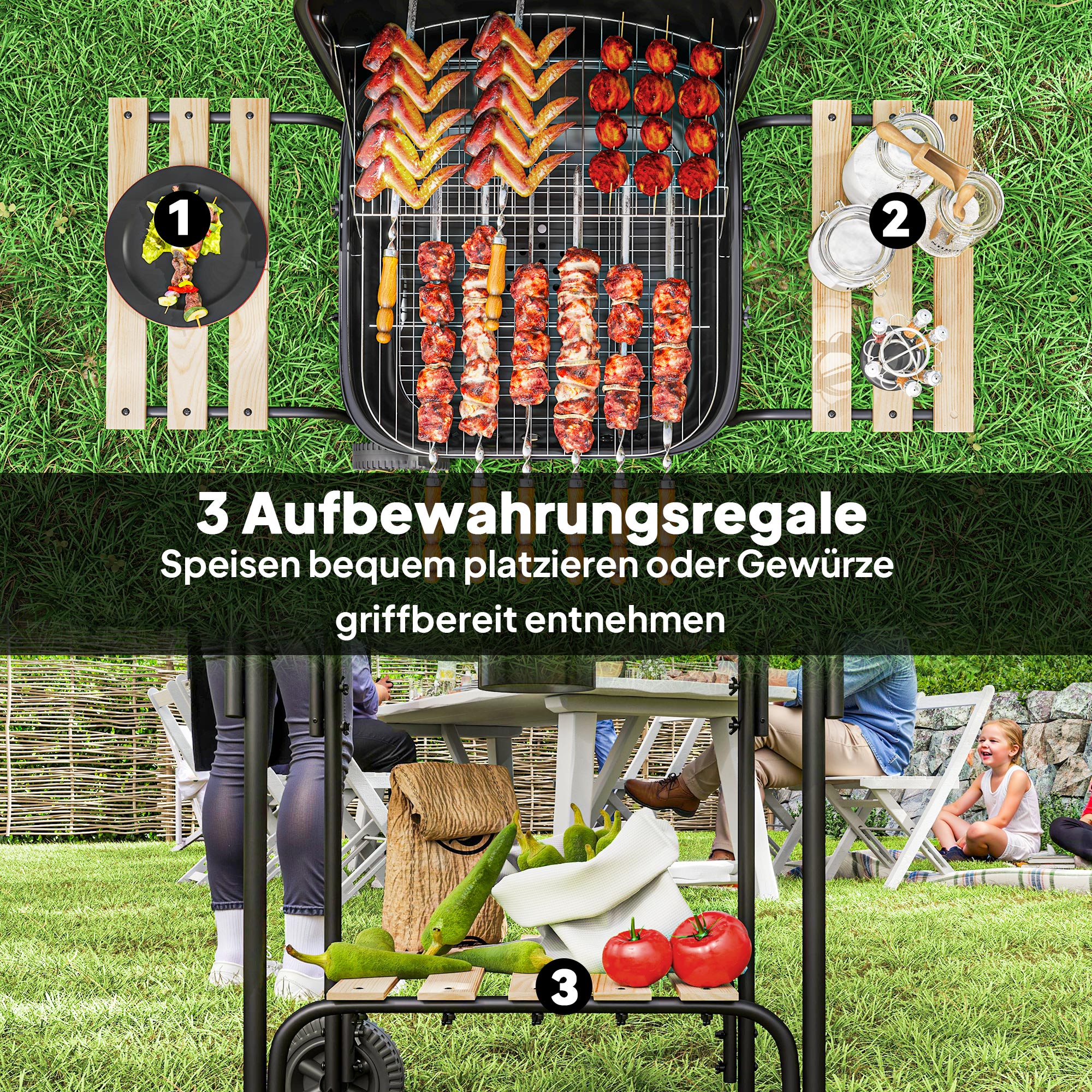 Terasest söegrill, lukustatava kaanega grillikäru, grillrest, rattad, käepide, puidust riiul, 98 x 54 x 91 cm, must