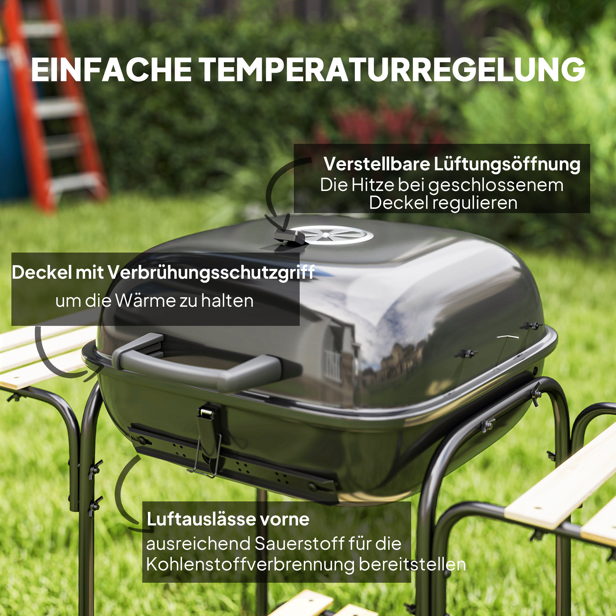 Terasest söegrill, lukustatava kaanega grillikäru, grillrest, rattad, käepide, puidust riiul, 98 x 54 x 91 cm, must