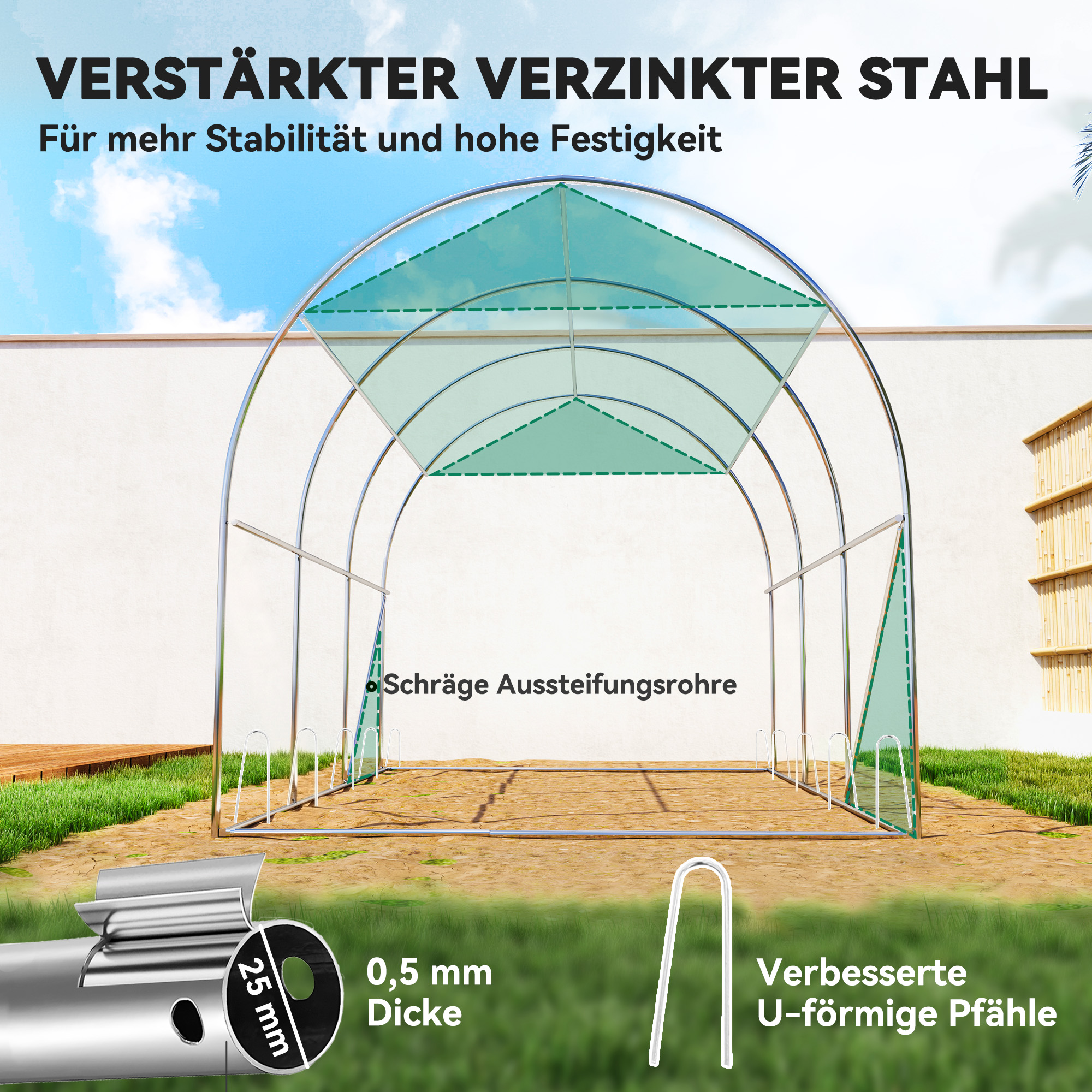 3 x 2 x 2 m tunnelkasvuhoone päikesekaitsevõrguga, rullitavad külgseinad, plastkate, terasraam, roheline
