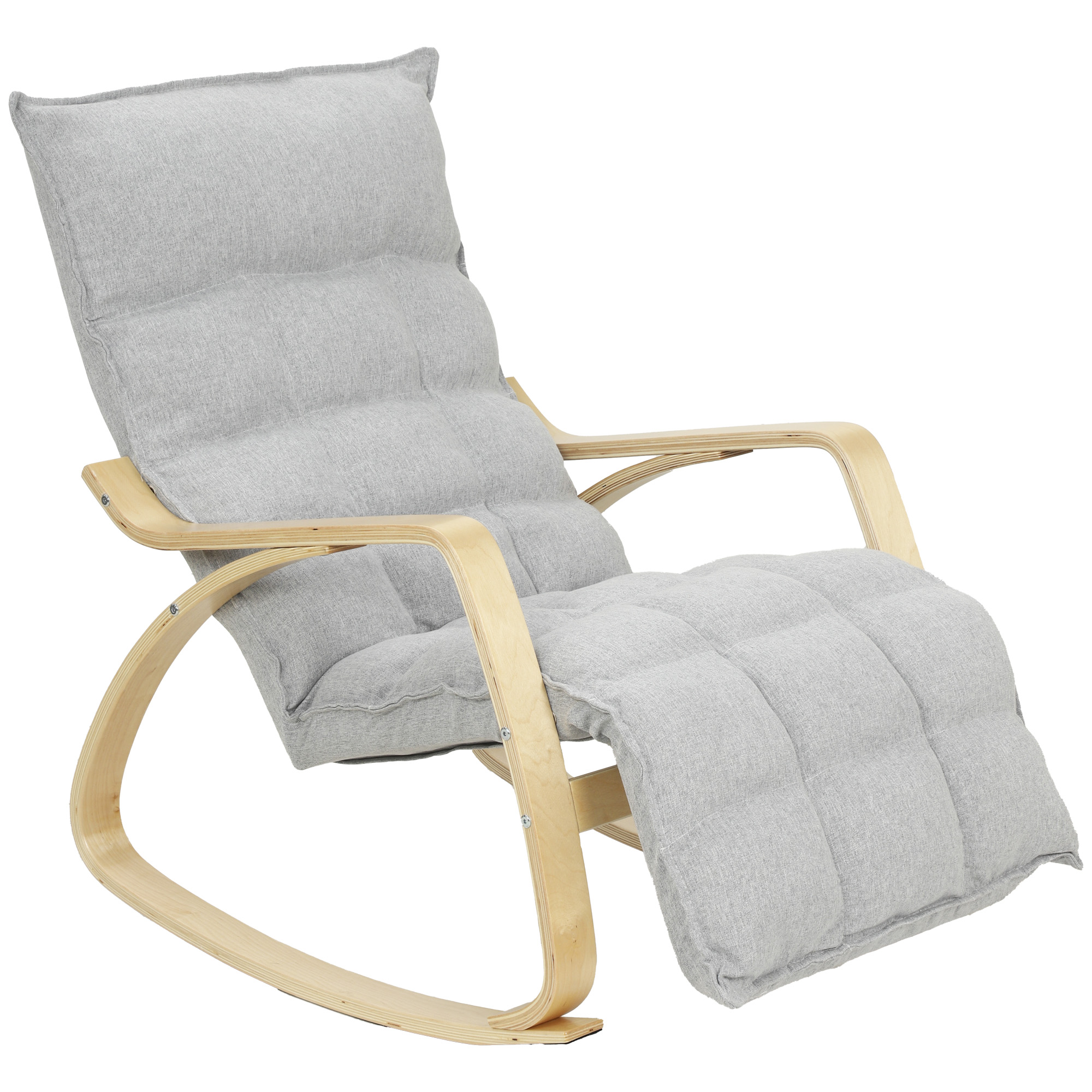 HOMCOM Fauteuil à Bascule avec Repose-Pieds Ajustable, Rocking Chair avec Pieds en Bois de Bouleau, 67x93x105cm, Gris Clair