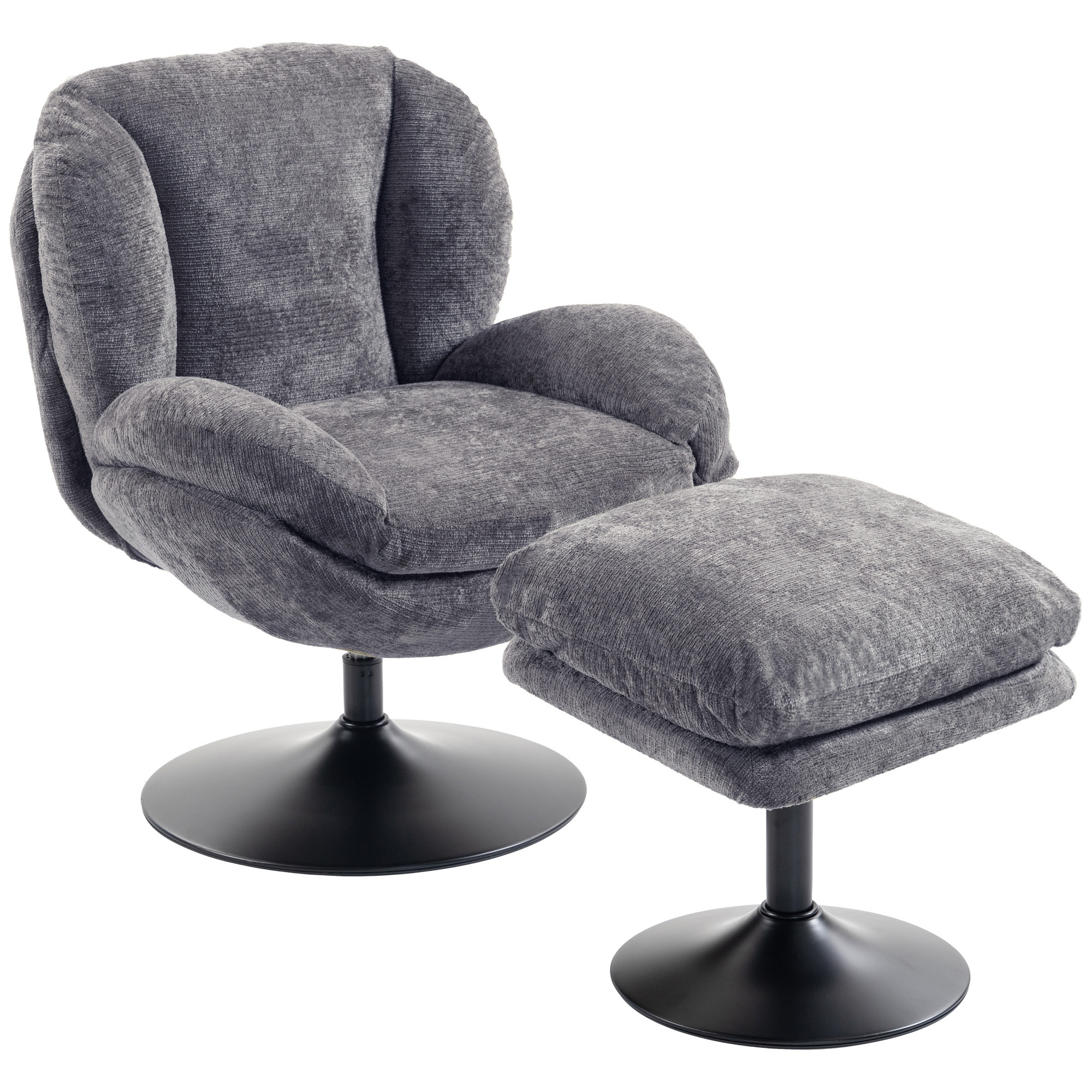 Homcom Chenille Lazy Chair With Ottoman, 360° Swivel, Dark Grey - Image 4