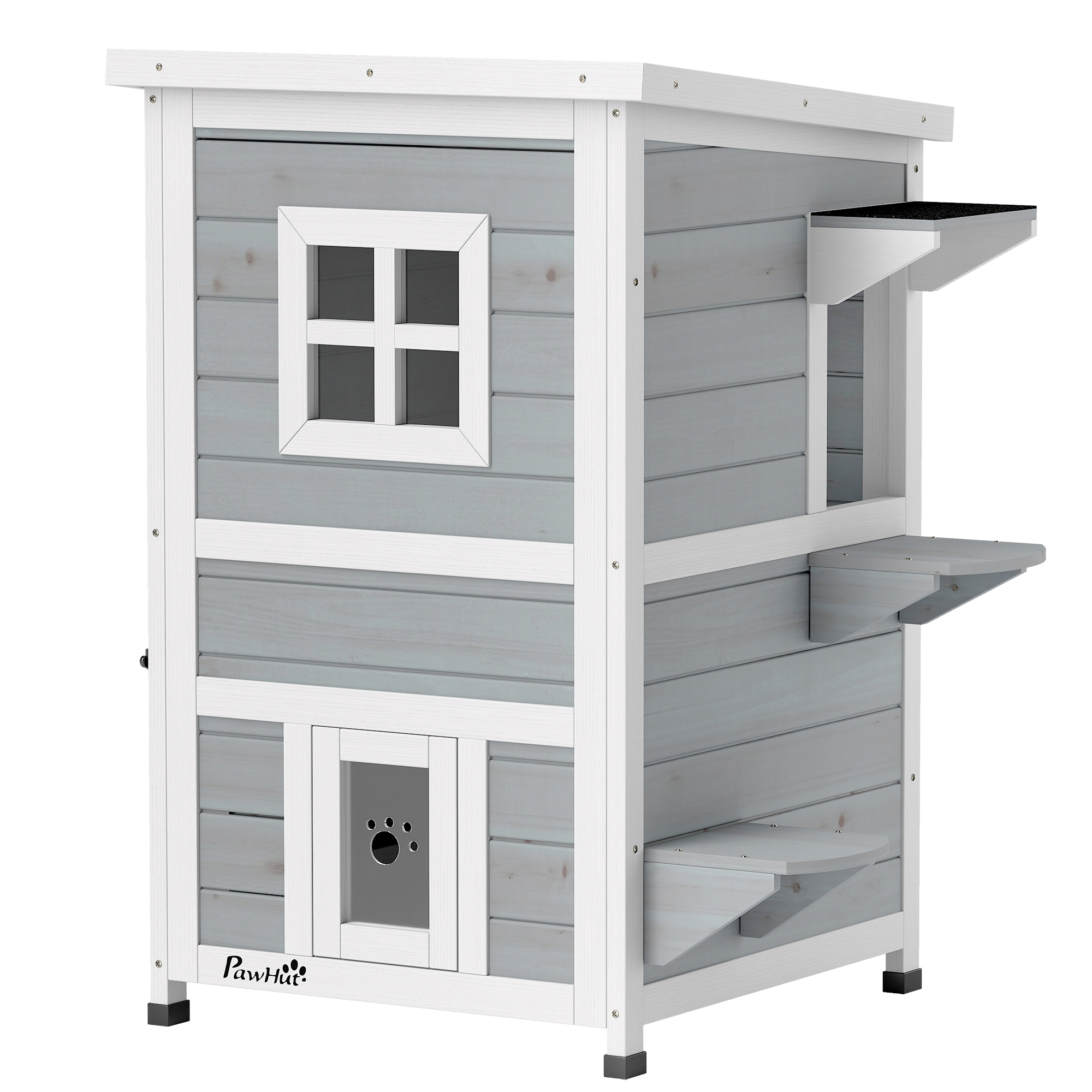 PawHut Katzenhaus aus Holz 2 Etagen Winterfest wasserdicht Katzenhütte mit Asphaltdach Treppen Fenster Katzenhöhle Outdoor Schutzhütte für Draußen Garten Balkon 51 x 51 x 81,3 cm Hellgrau Aosom
