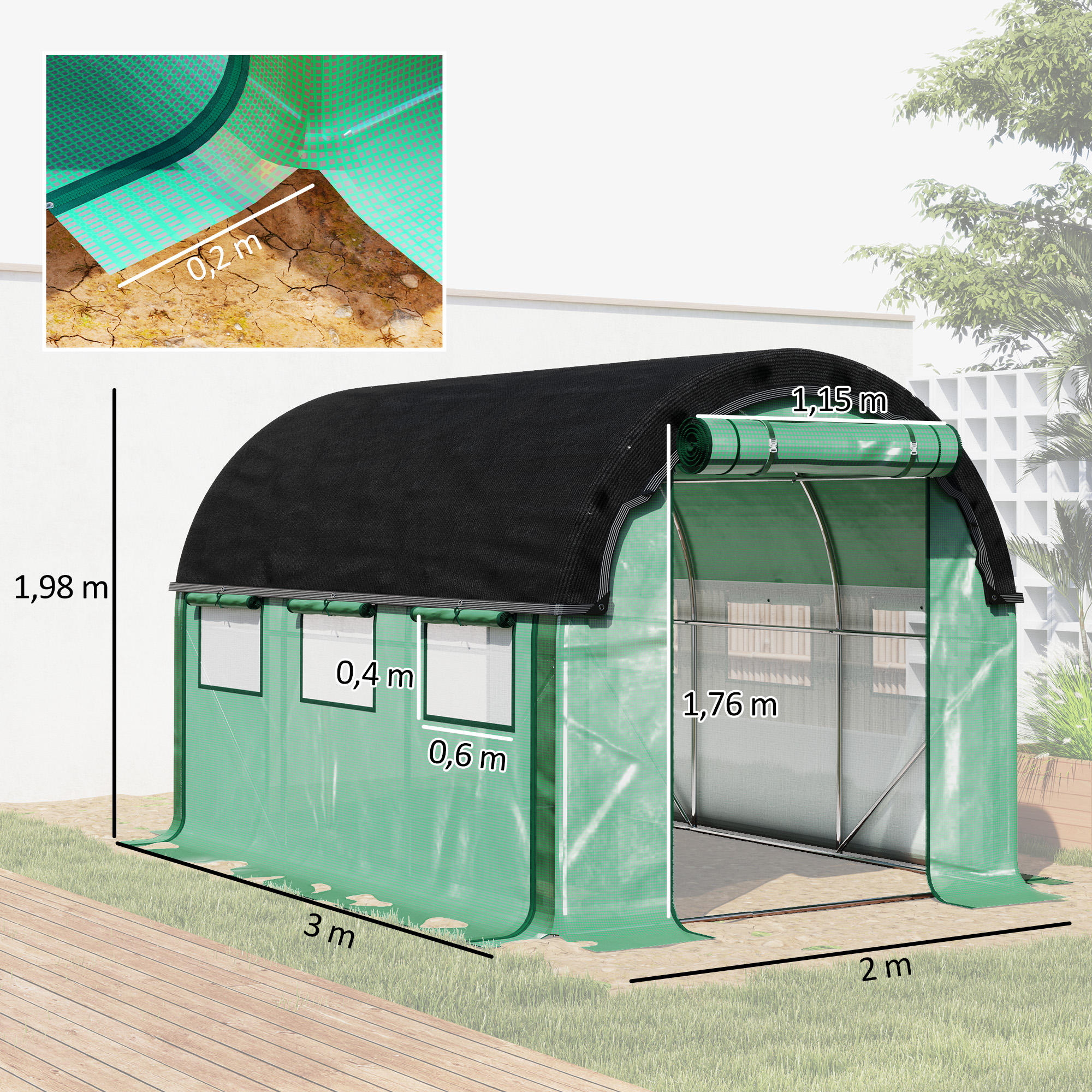 3 x 2 x 2 m tunnelkasvuhoone päikesekaitsevõrguga, rullitavad külgseinad, plastkate, terasraam, roheline