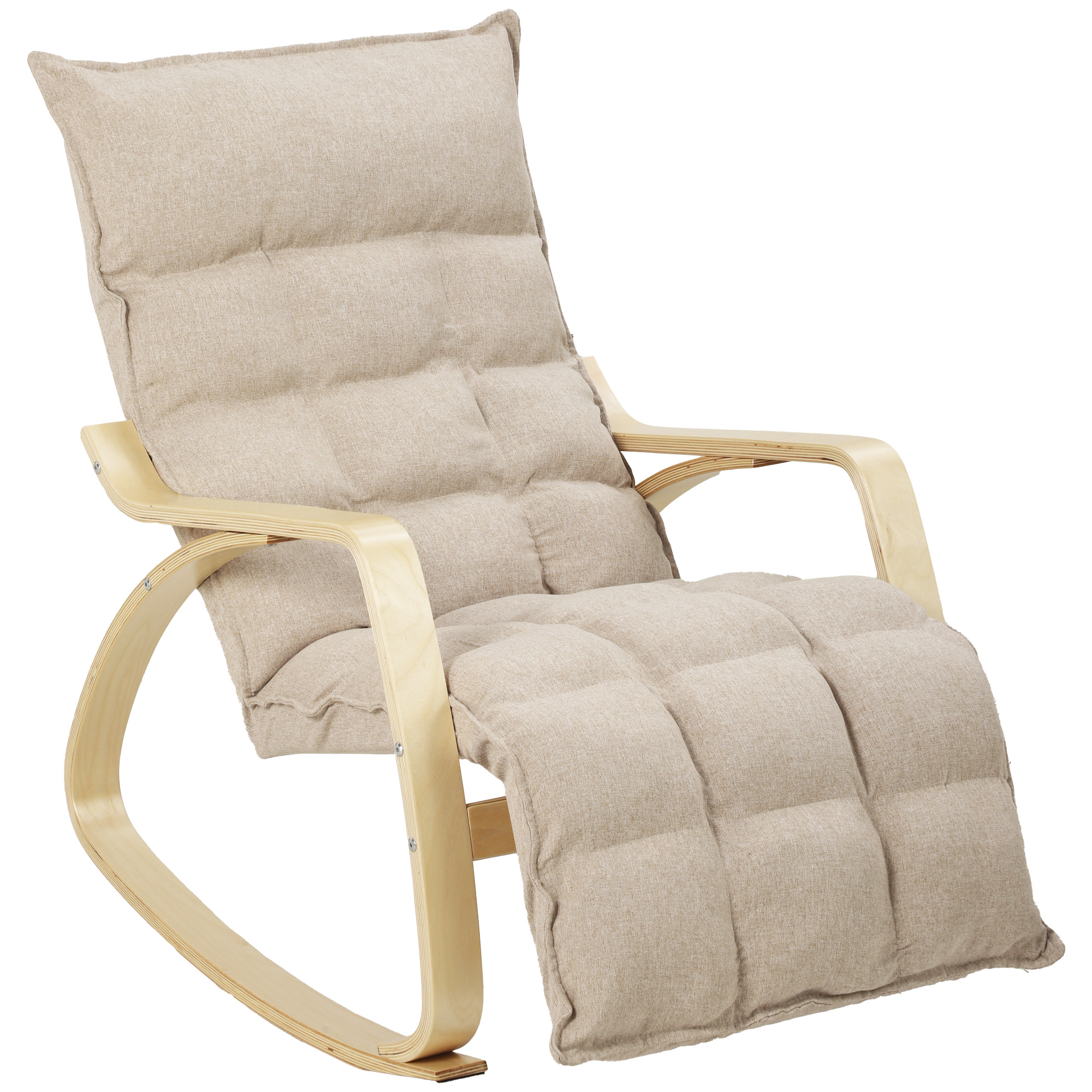 HOMCOM Fauteuil à Bascule avec Repose-Pieds Ajustable, Rocking Chair avec Pieds en Bois de Bouleau, 67x93x105cm, Marron Clair