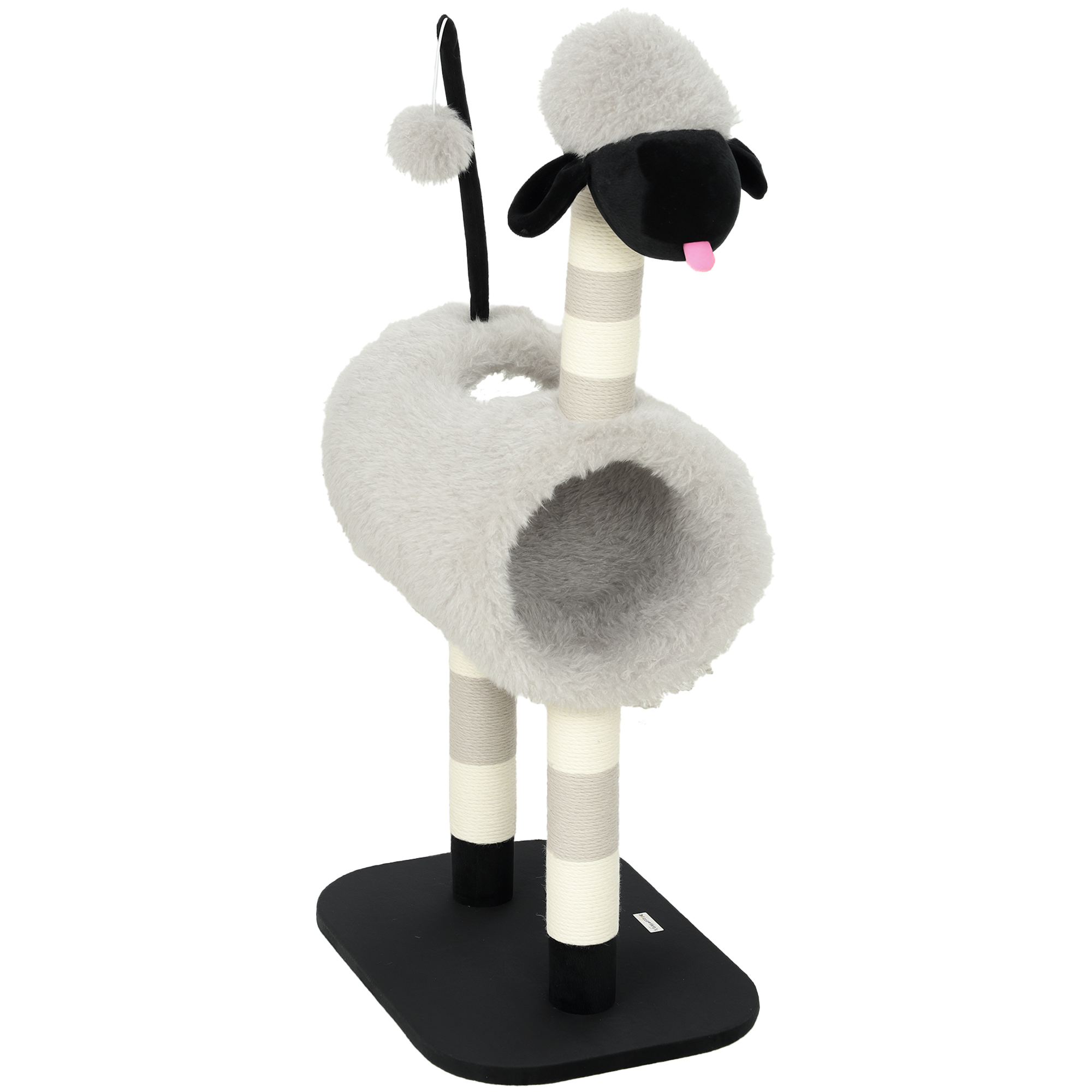 PawHut Arbre à chat motif mouton, avec poteaux à griffer, tunnel et jouet, 98 cm, Gris clair