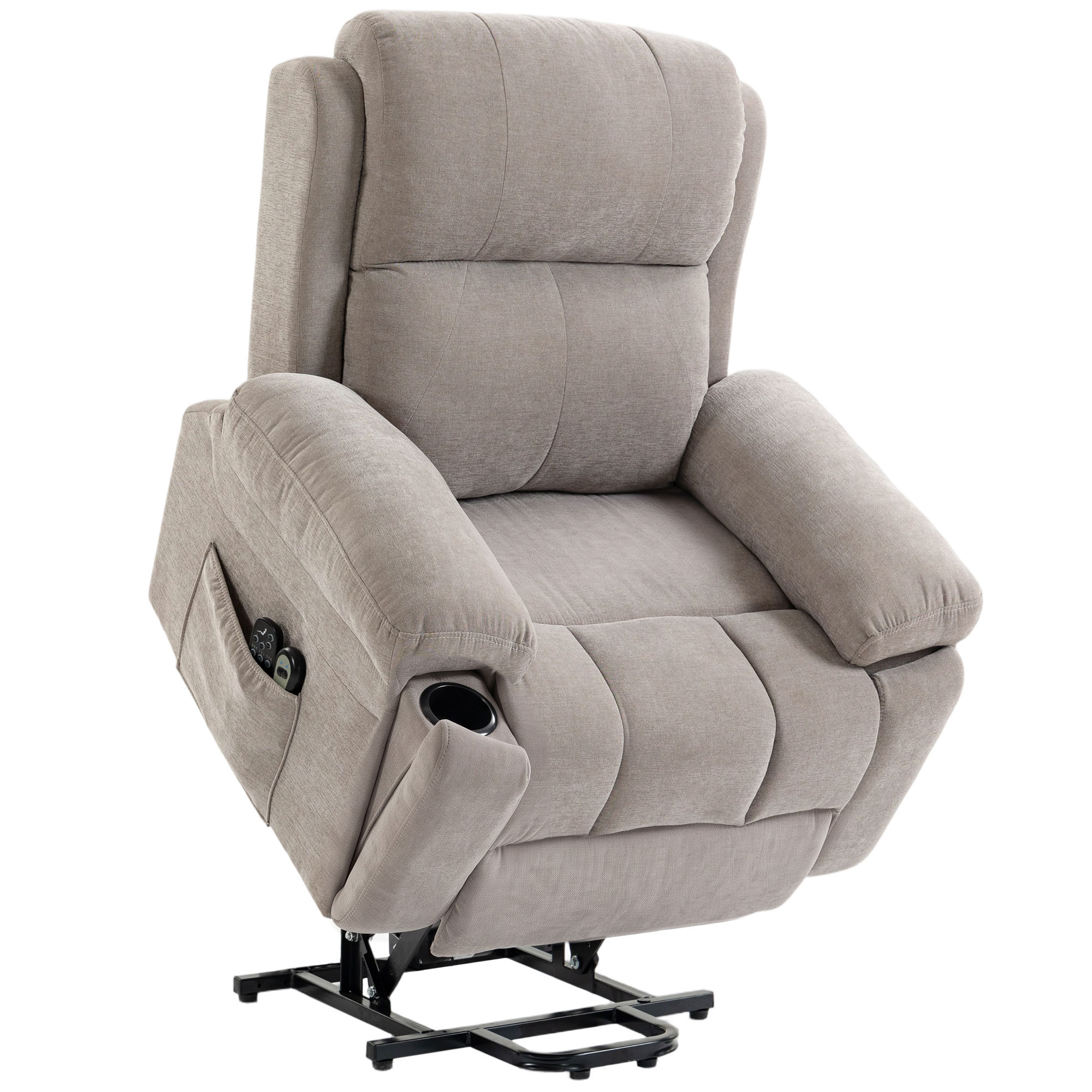 HOMCOM Elektrischer Aufstehsessel, Verstellbar, Beheizt, Gepolsterter Relaxsessel mit 8-Punkt-Massage, Chenille für Senioren, 2 Fernbedienungen, Getränkehalter, Fußstütze, Taschen, Beige   Aosom