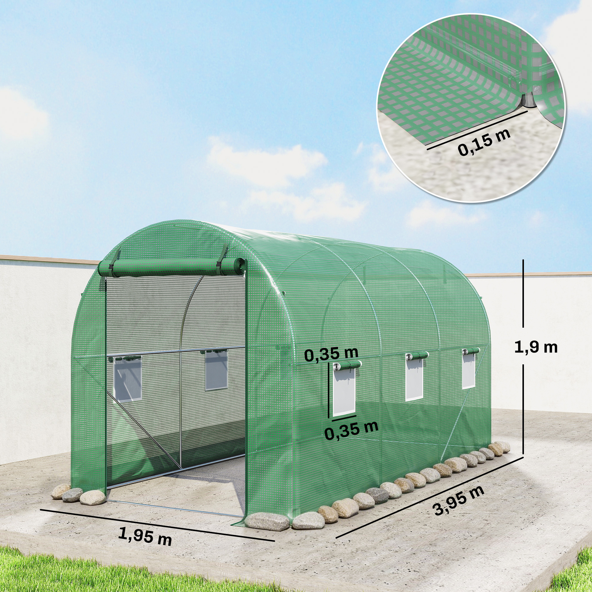Kaarkasvuhoone, 6 võrgust akent, läbipaistev kile, metallraam, 3,95 x 1,95 x 1,90m, roheline