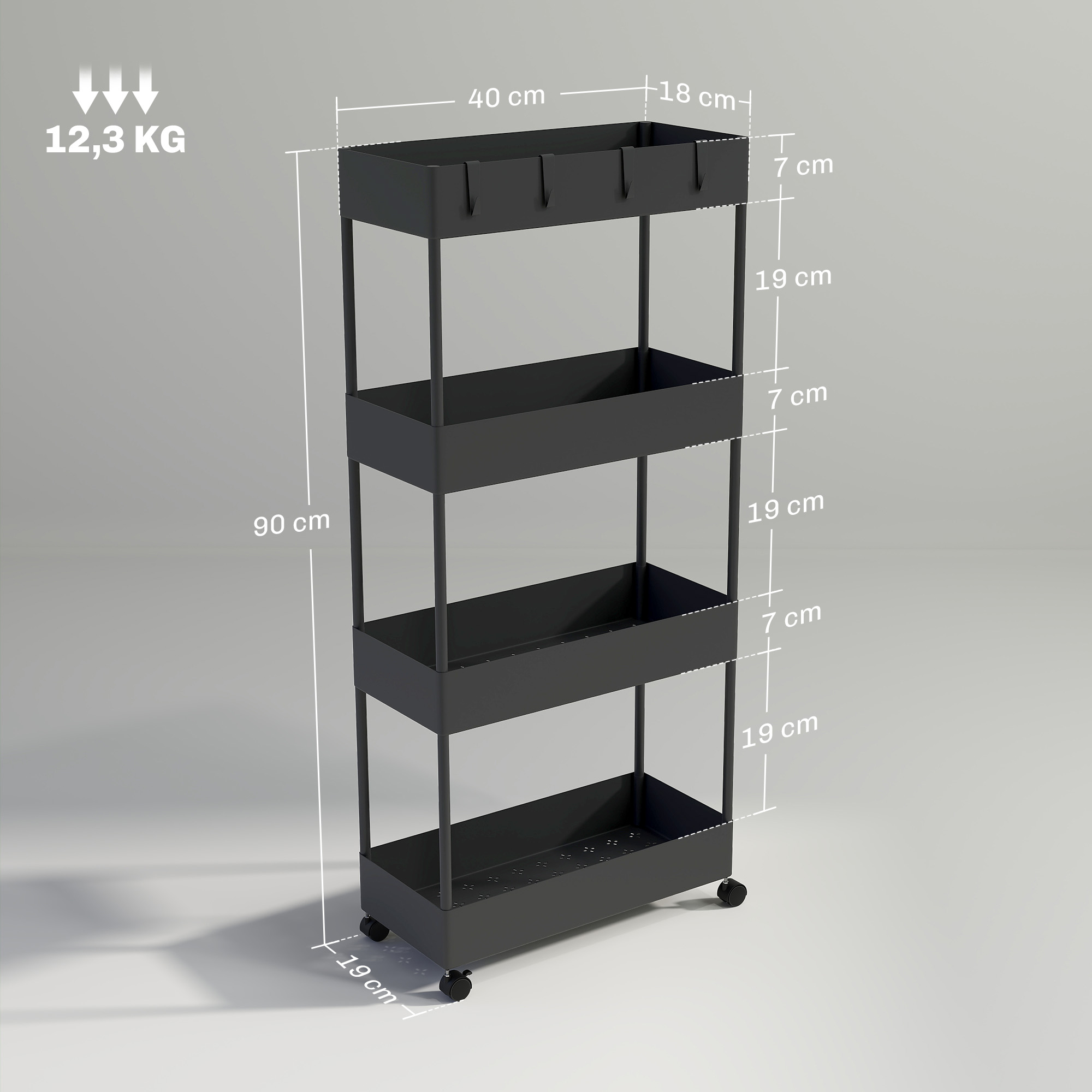 Köögikäru 4 riiuliga, 4 painduva konksuga, 4 rattaga, 40 cm x 19 cm x 90 cm, nišikäru, must