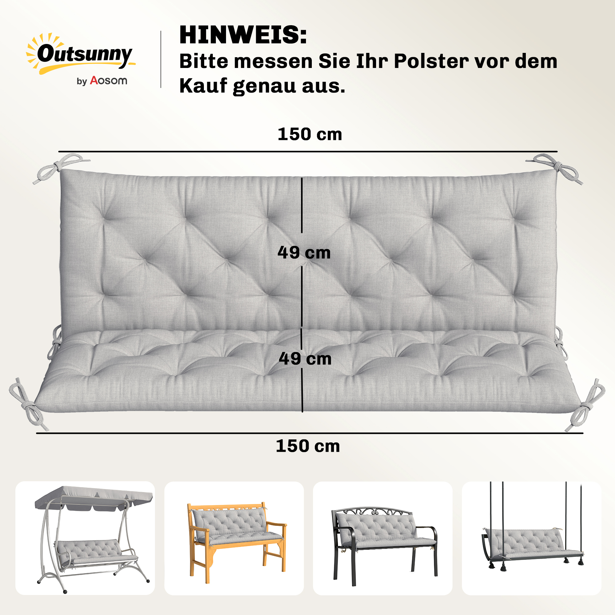 3-kohaline pingipadi 150x98x8 cm, pingipadi paeltega, aiamööbli pingipadi, Hollywood kiik, helehall