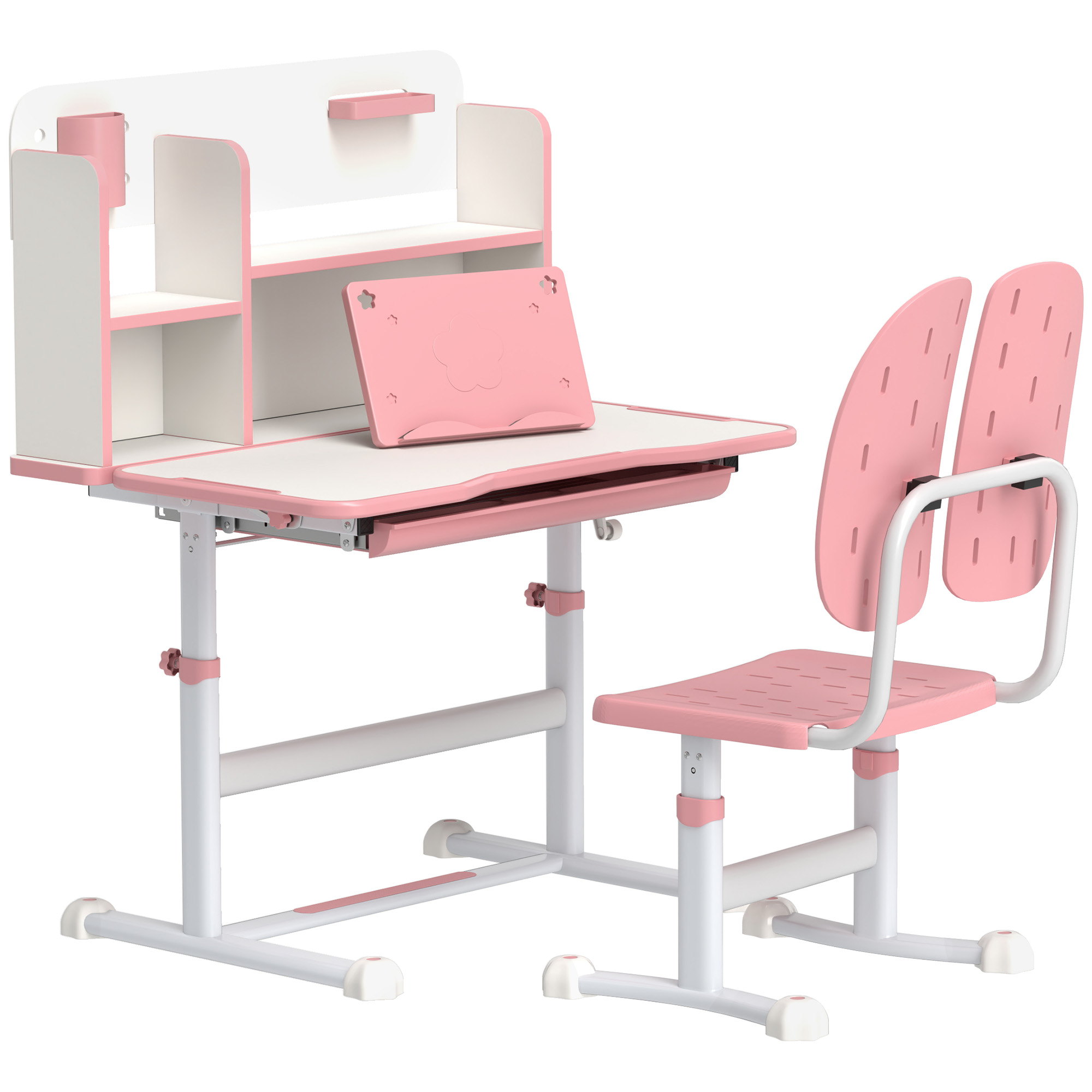 AIYAPLAY Height Adjustable Kids Desk and Chair Set, Children School Study Desk with Tiltable Desktop, Reading Rack, Pink Aosom UK