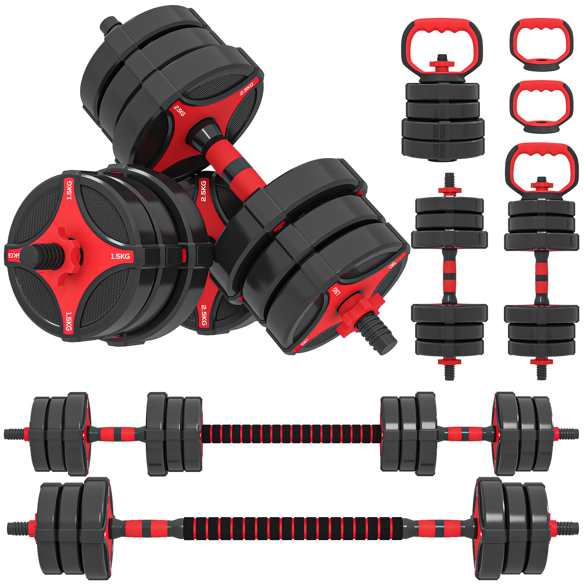 SPORTNOW Set Manubri Regolabili 5 in 1, 25 kg, Nero e Rosso Aosom Italy