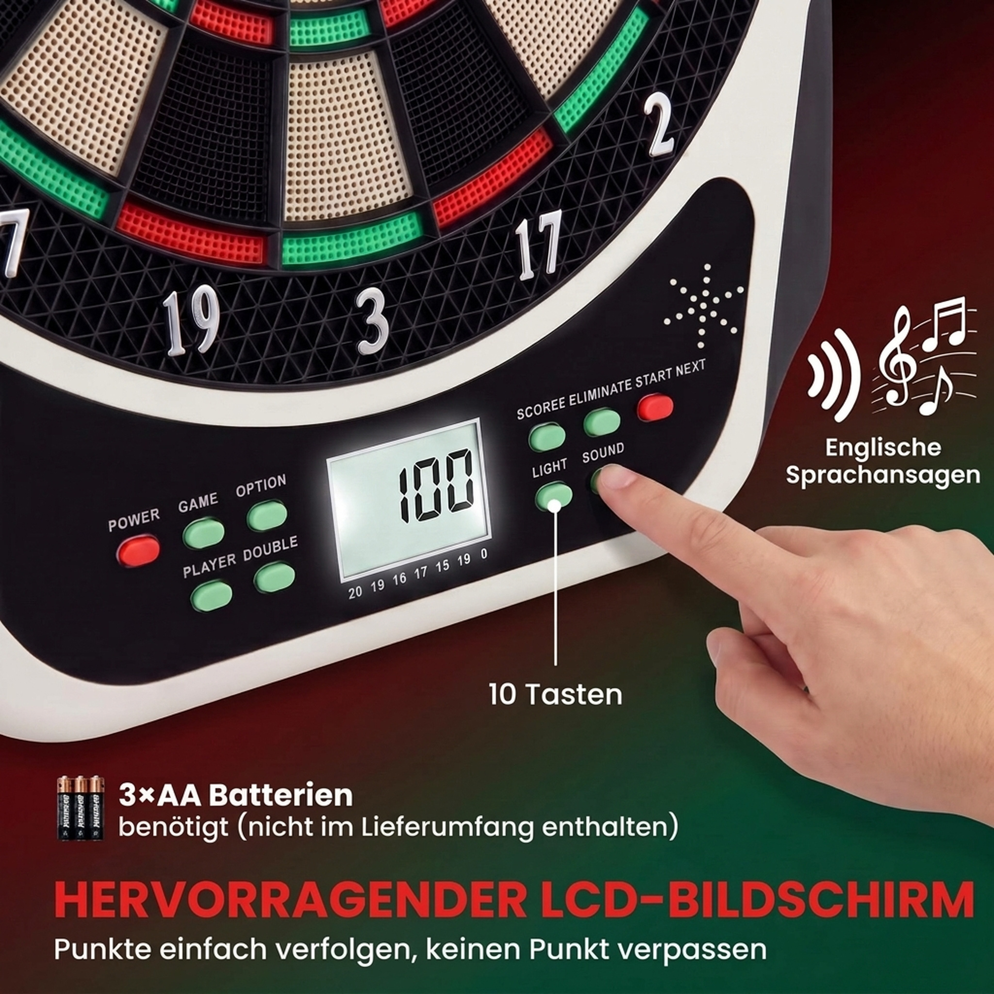Elektrooniline noolemäng ingliskeelsete hääljuhistega, LED-ekraanid, 6 noolt, 24 noolepead, 18 mängu, 159 variatsiooni, noolemängumasin, noolemängukomplekt kuni 8 mängijale