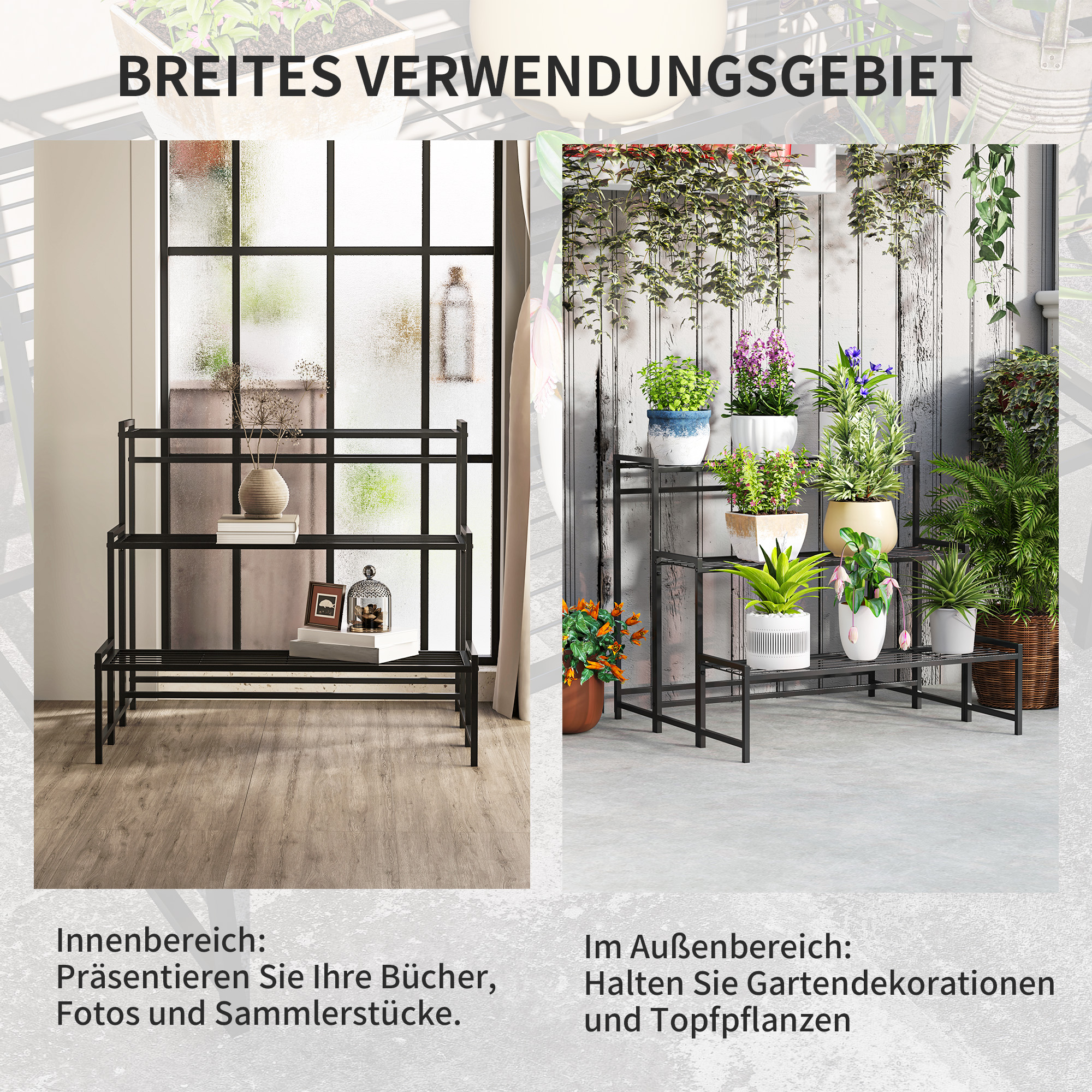 Lillepotialus, 3-astmeline taimealus, lillepotialus sise- ja välistingimustes kasutamiseks, metall, must