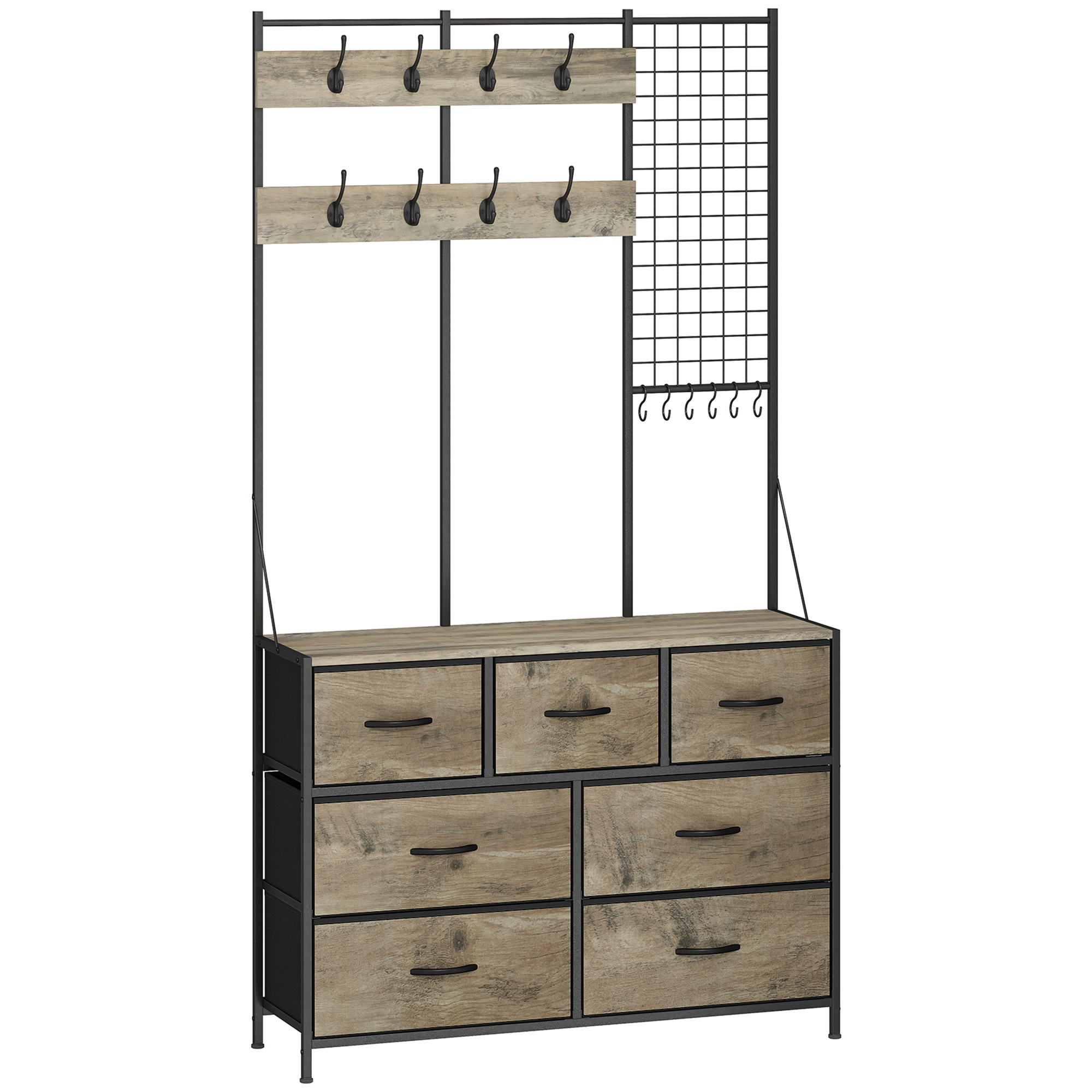 HOMCOM Cuier 4 în 1, Mobilier pentru hol cu 7 sertare pliabile din material textil, 14 cârlige şi panou grilaj, Gri cu efect de lemn | Aosom Romania