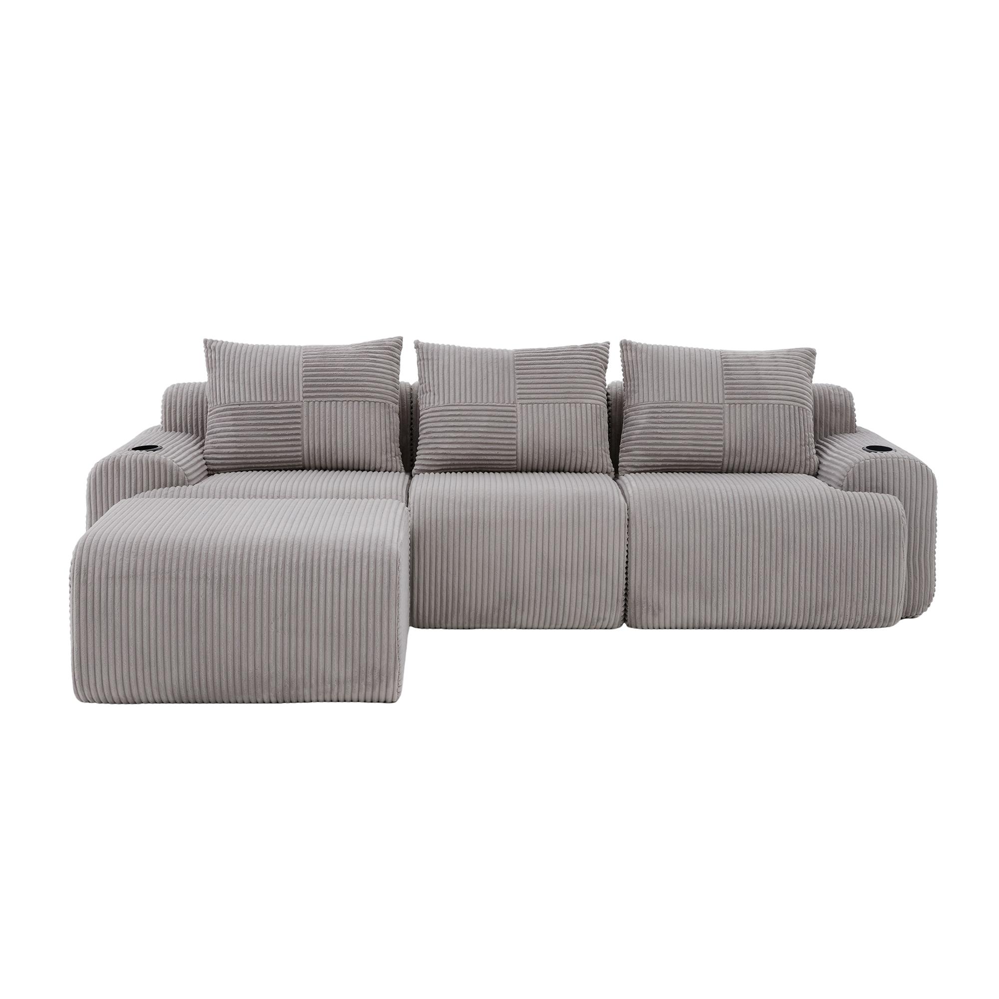 Modulares Cordsofa für drei Personen (inklusive Fußschemel),Hellgrau Aosom.de