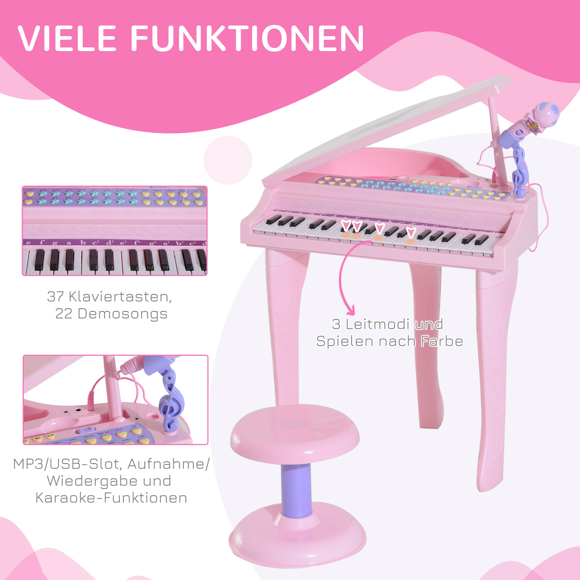 Laste klaviatuur 37 klahviga, mikrofoniga klaverist toolil, LED-õpperežiim, salvestusfunktsioon, klaverimuusikainstrument 3-6-aastastele lastele, roosa