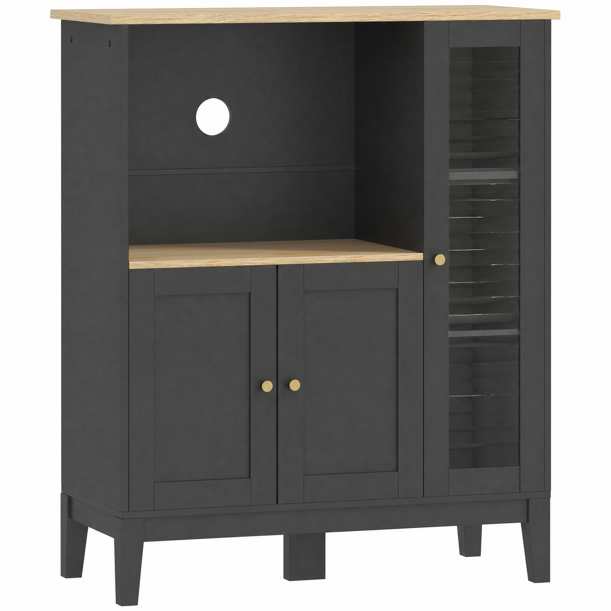 HOMCOM Mikrowellenschrank, Küchenschrank, Buffet, mit 1 Nische, 3 Türen, Kabeldurchführung, für Küche, Esszimmer, Wohnzimmer, 80 x 35 x 97 cm, gehärtetes Glas, schwarz und Holzoptik Aosom