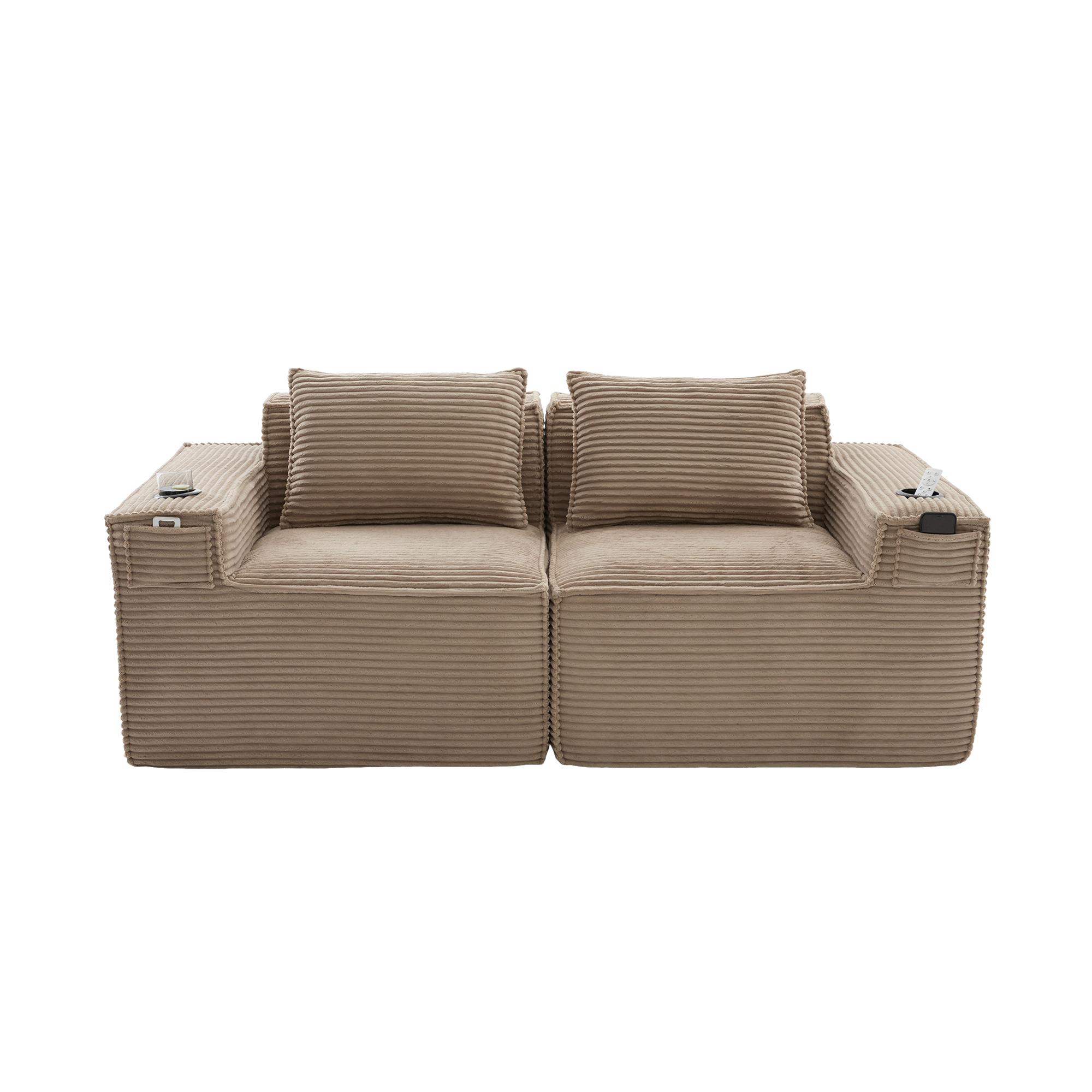 Modulares Doppelsitz-Cordsofa mit Becherhaltern und Seitentaschen, Khaki Aosom.de