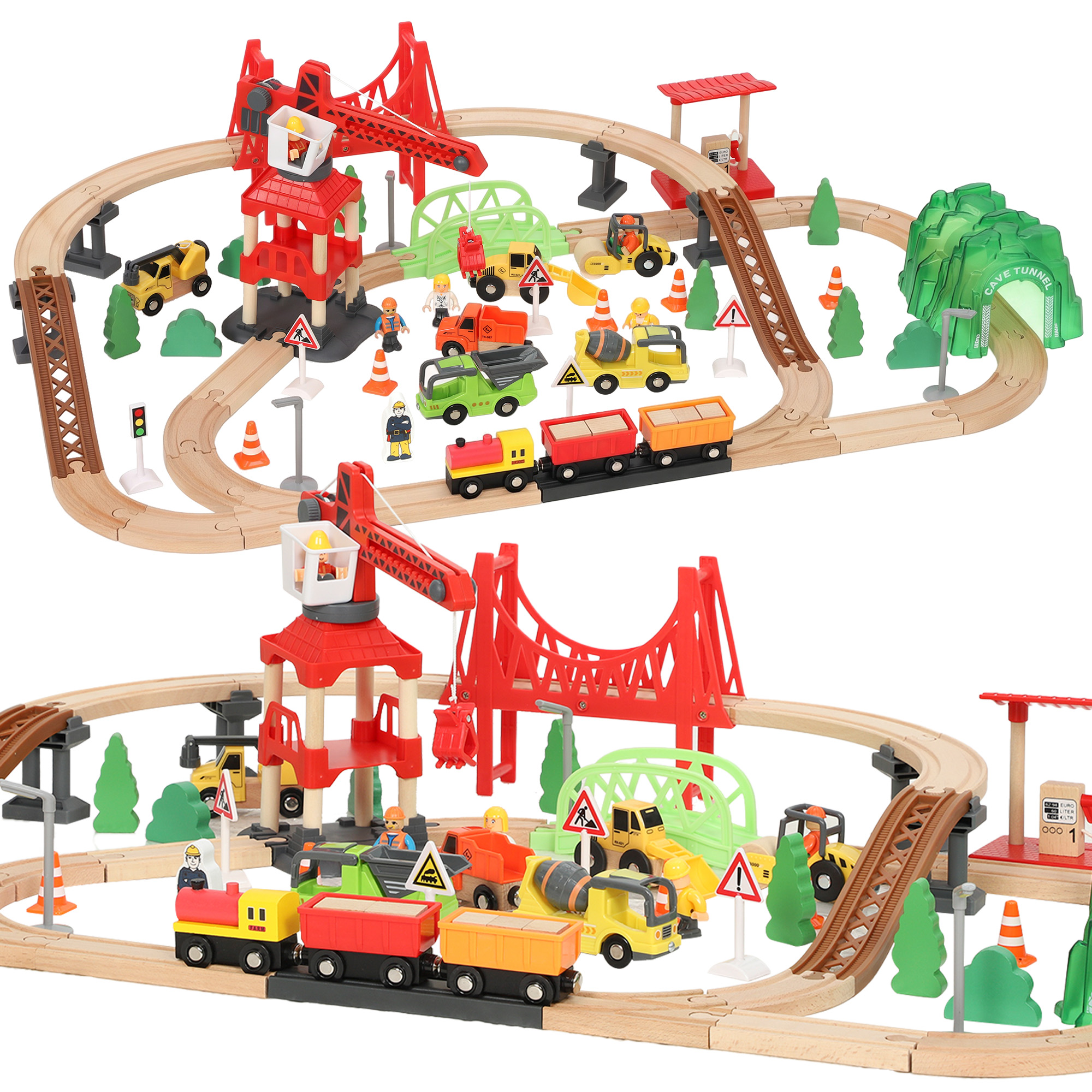 AIYAPLAY Trenuleț din lemn pentru copii 3+ ani, 91 piese, cu macara, șine, vehicule și figurine, multicolor | Aosom Romania