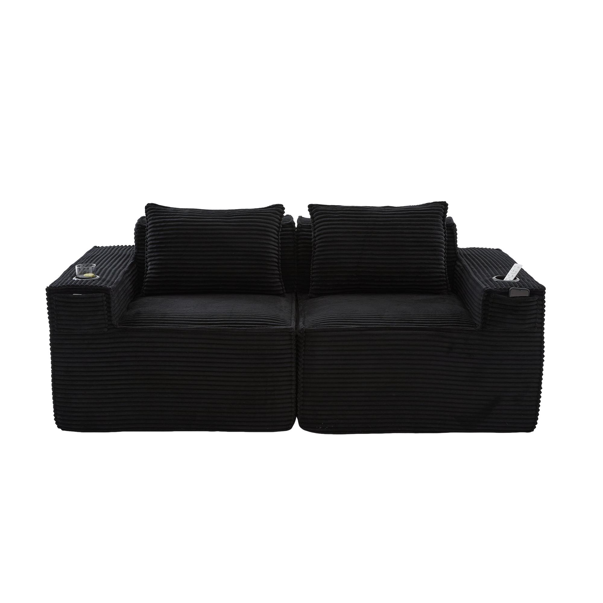 Modulares Doppelsitz-Cordsofa mit Becherhaltern und Seitentaschen, Schwarz Aosom.de