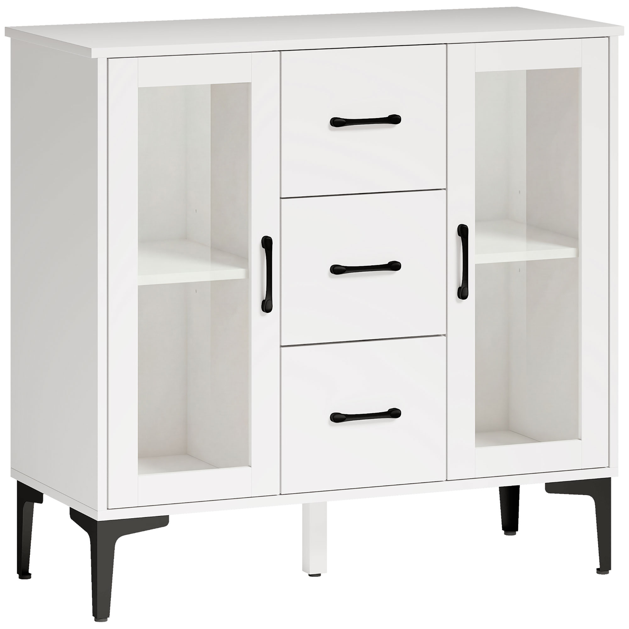 HOMCOM Kommode Sideboard mit 3 Schubladen 2 Glastüren Modern Schubladenschrank mit verstellbaren Regalen Soft-Close-Scharnieren 90x38x86cm Aufbewahrungsschrank für Wohnzimmer Esszimmer Flur Weiß Aosom