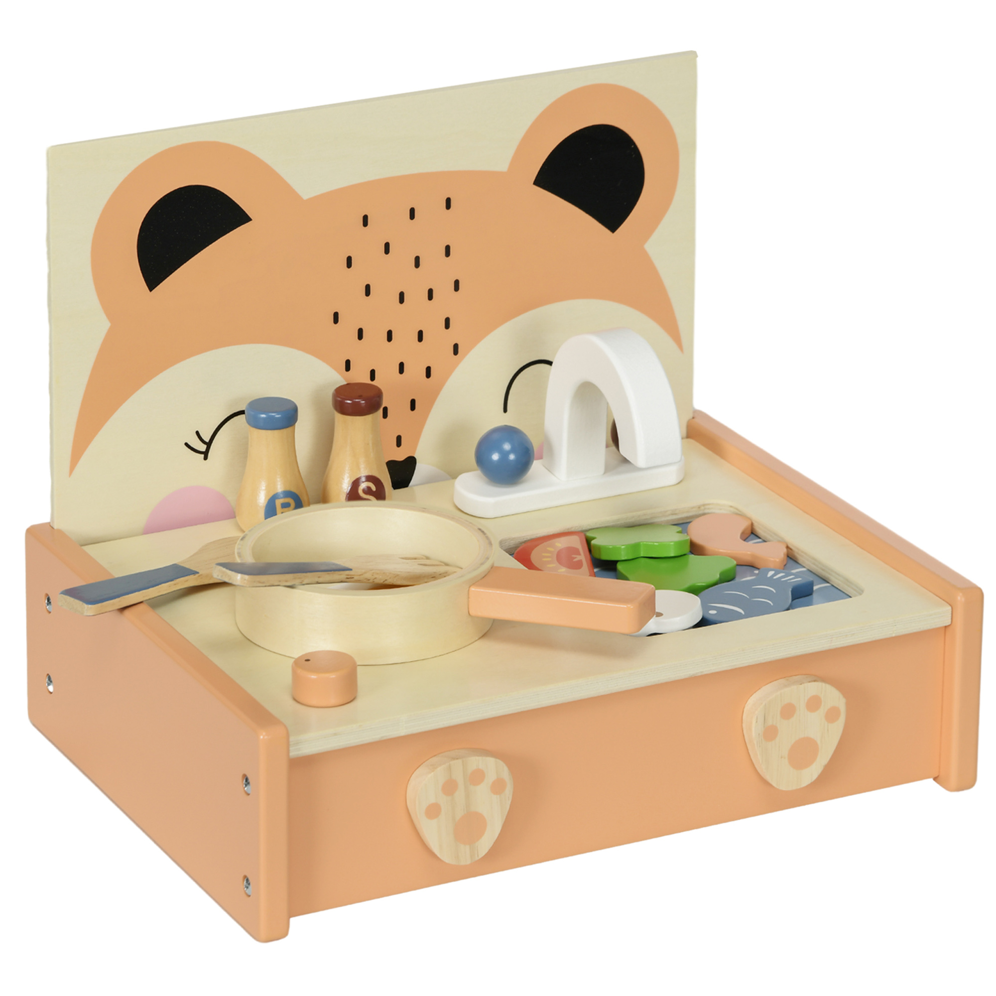 AIYAPLAY Bucătărie Jucărie pentru Copii 3-5 Ani, Mini Bucătărie cu Plită și 12 Accesorii, 31,5x23,5x25 cm, Multicoloră | Aosom Romania