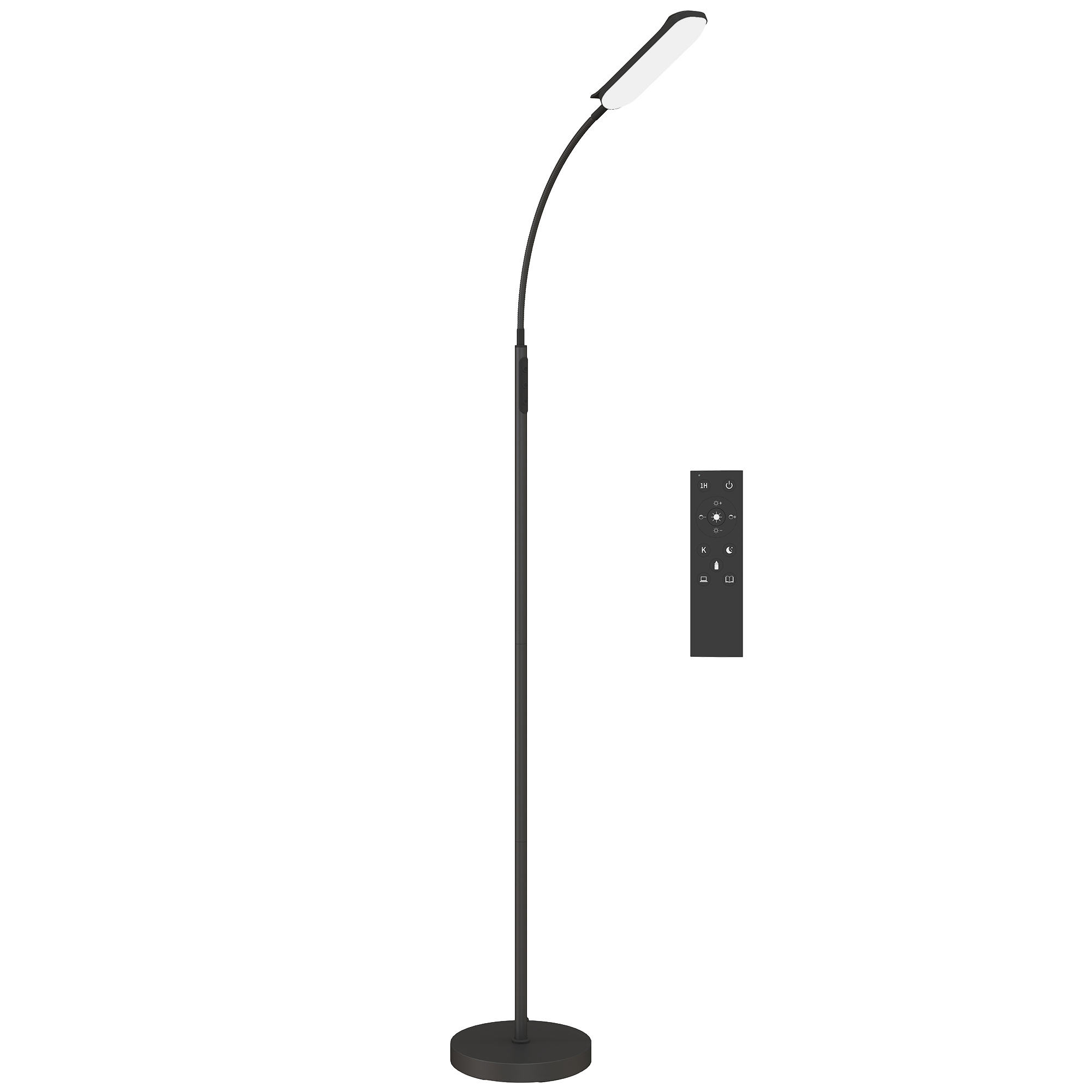 HOMCOM LED Stehlampe Dimmbar Stehleuchte mit Fernbedienung & Touch-Steuerung, Wohnzimmer Standleuchte mit 360° verstellbarer Schwanenhals, 1-Stunden-Timer, Memory-Funktion Schwarz Aosom