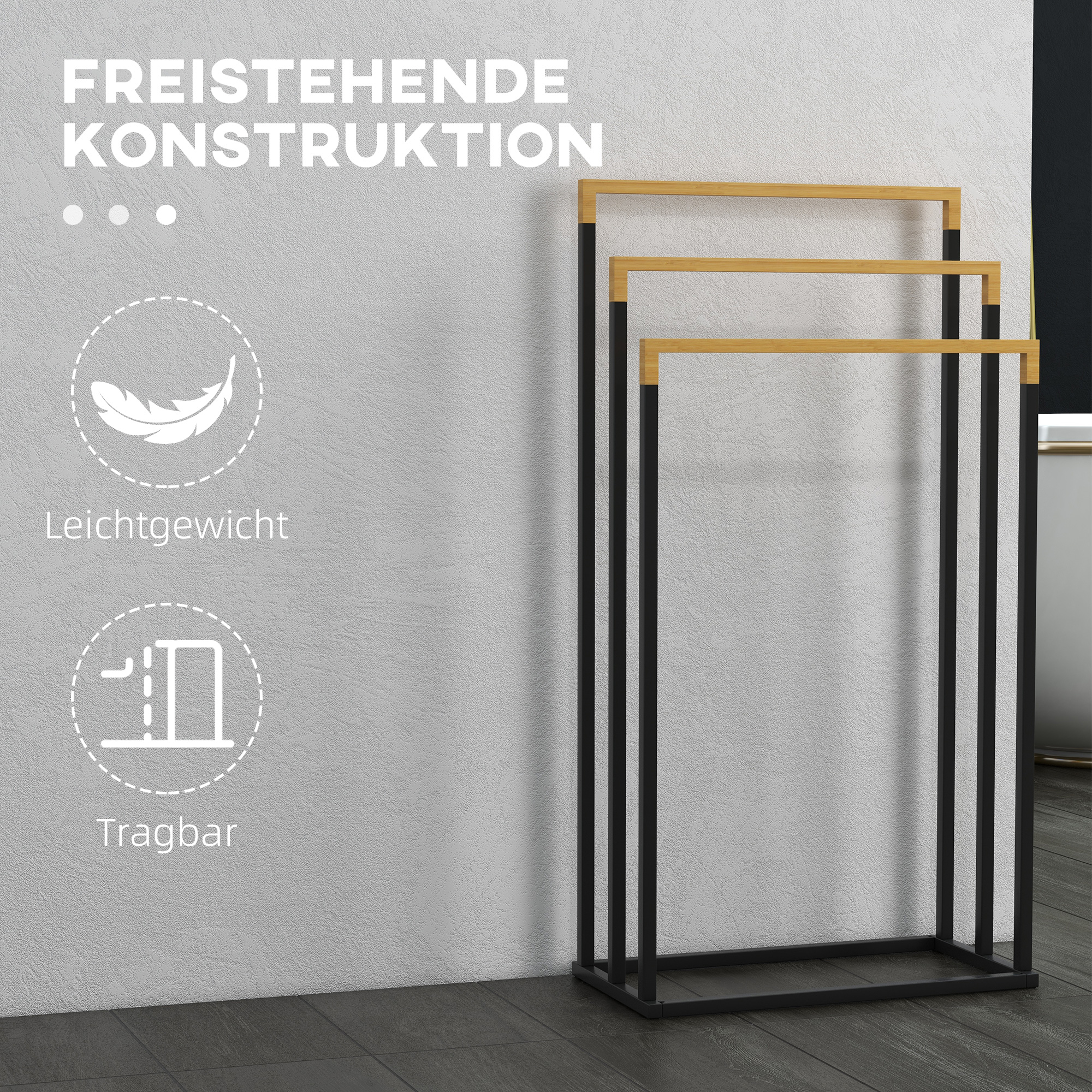 Käterätikuivati ​​komplekt 3 rätikuhoidjaga, tööstusdisain, bambus, 45 x 22,5 x 86 cm, must + naturaalne