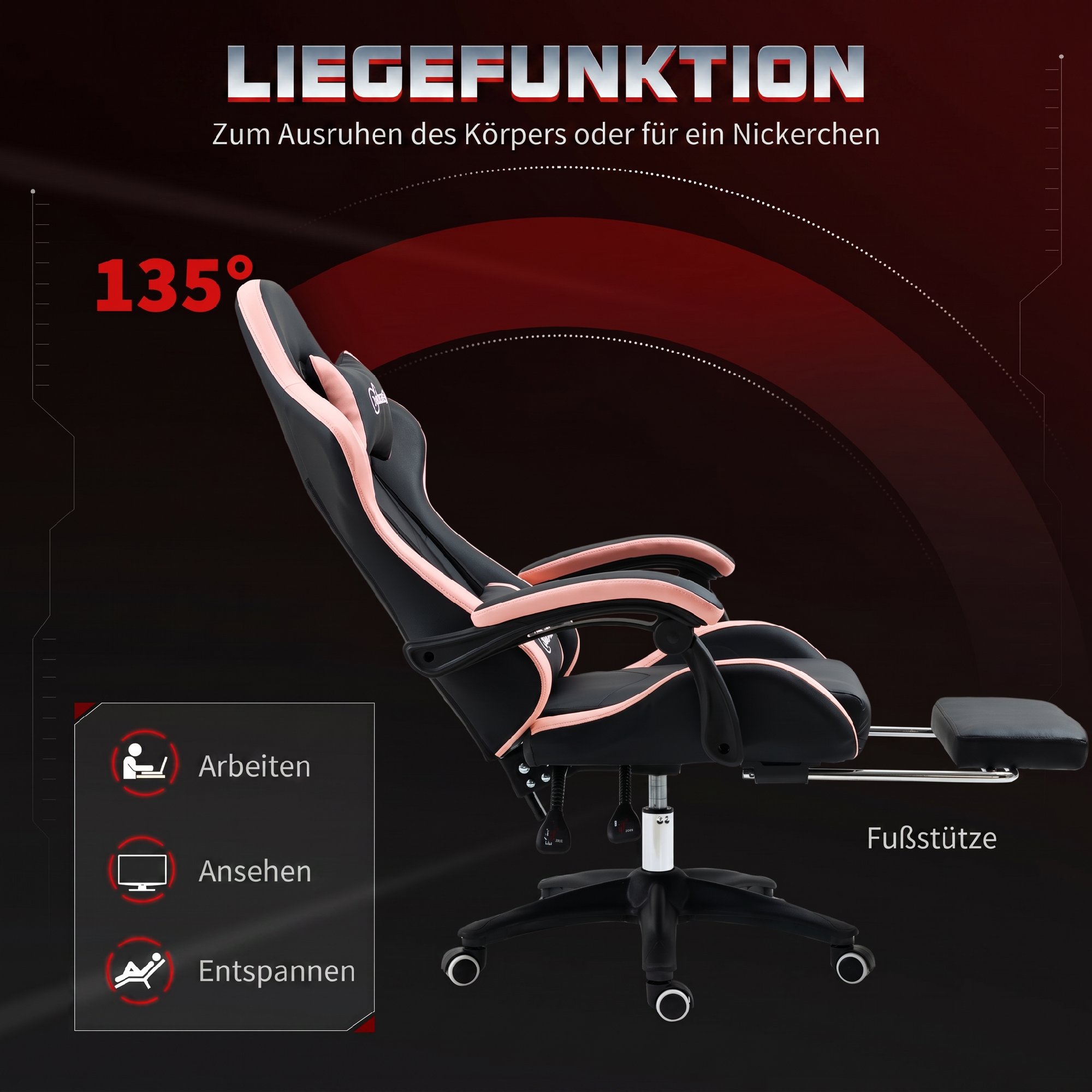 Kontoritool, mänguritool, 1 peatugi, 1 nimmetugi, roosa + must