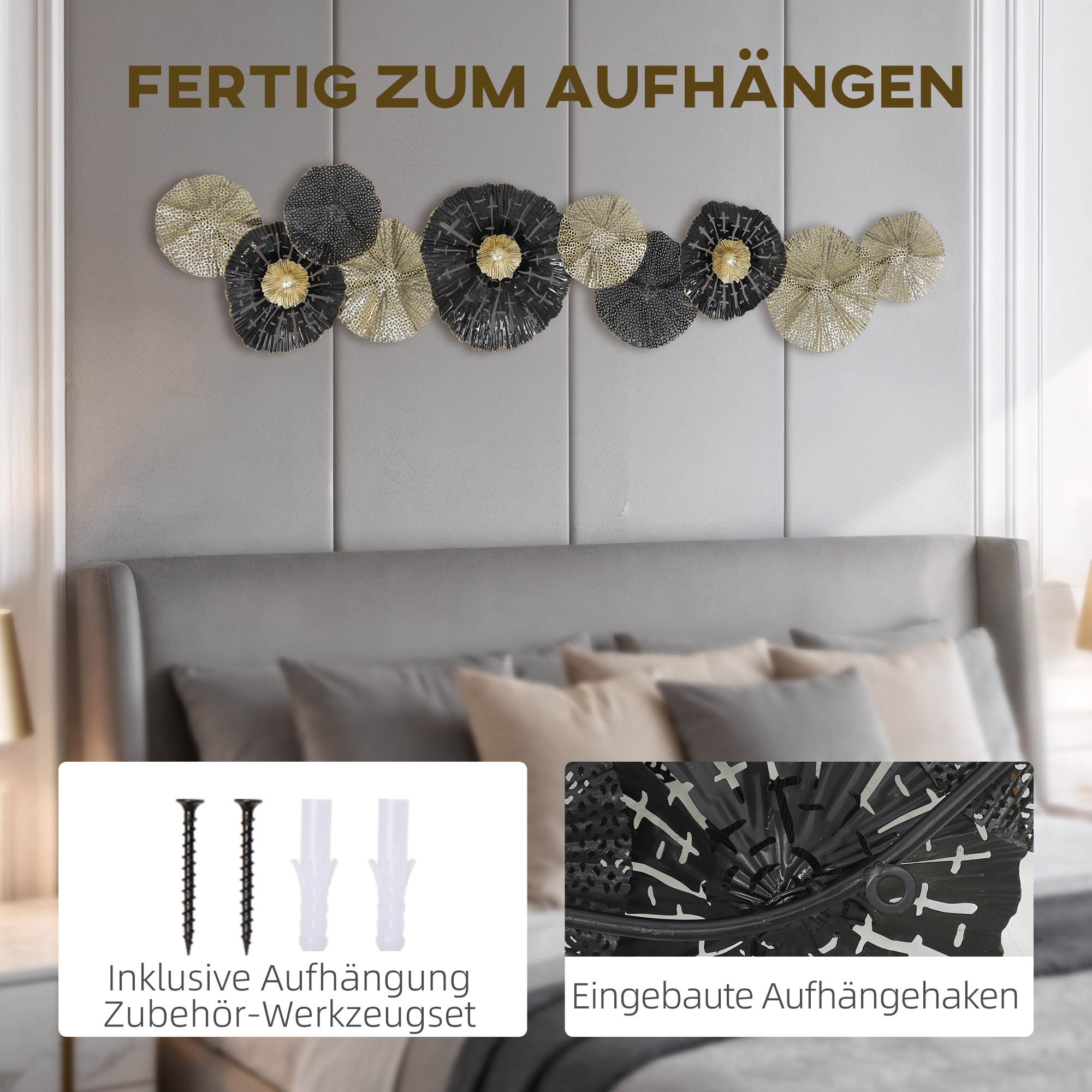 Seinakunst, seinakaunistus metallraamiga, moodne stiil, must ja kuldne