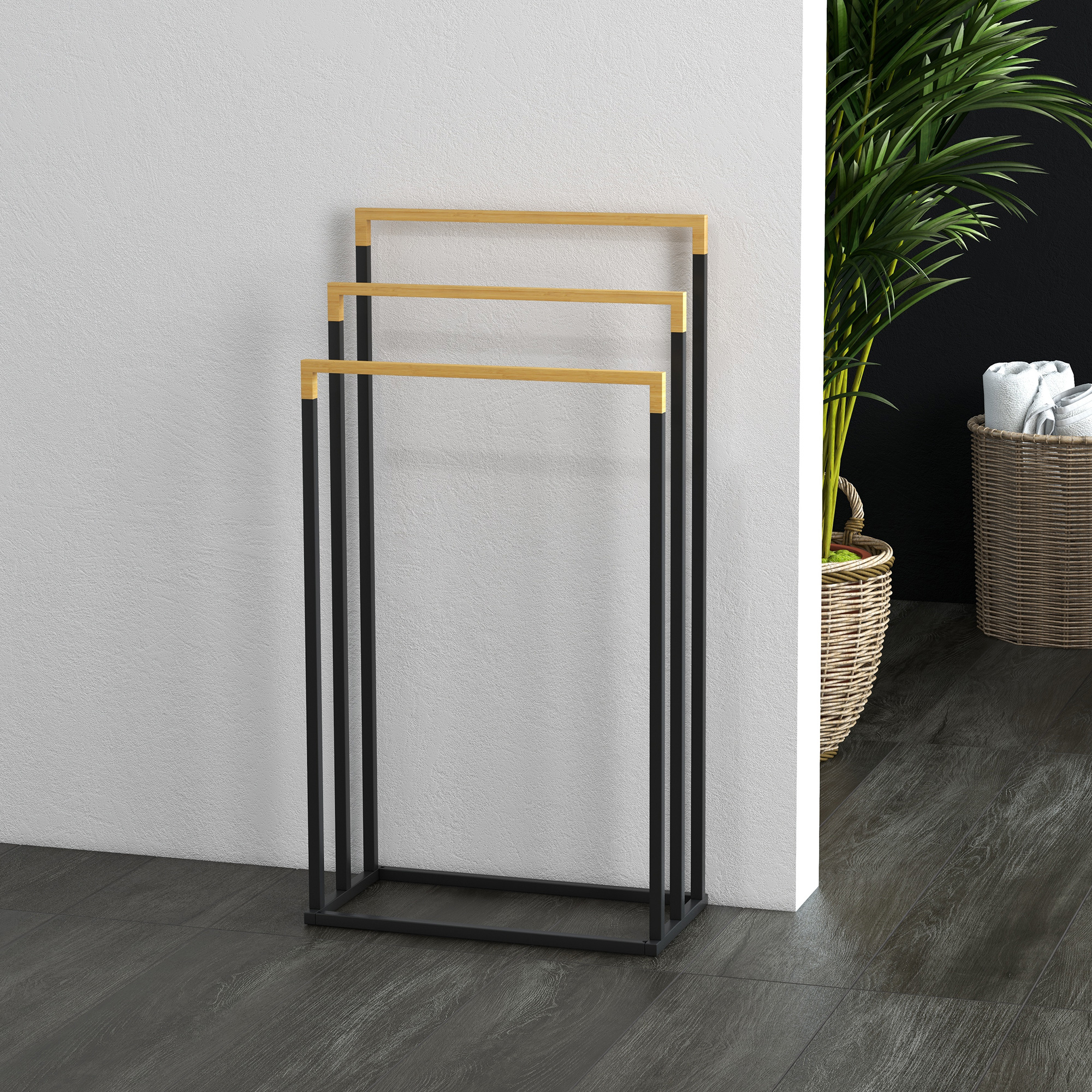 Käterätikuivati ​​komplekt 3 rätikuhoidjaga, tööstusdisain, bambus, 45 x 22,5 x 86 cm, must + naturaalne