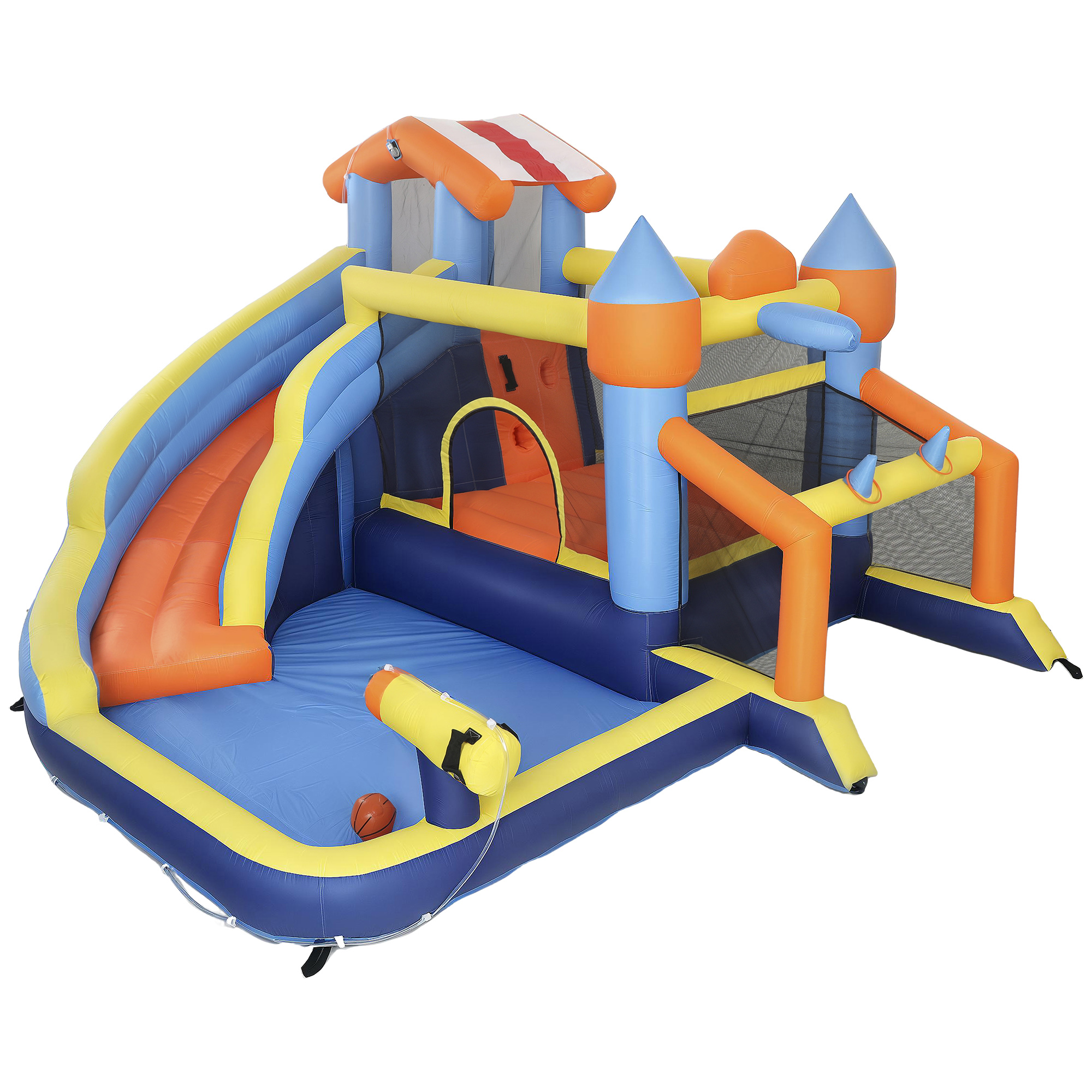 AIYAPLAY Hüpfburg mit Gebläse 8-in-1 aufblasbare Wasserpark mit Wasserrutsche Planschbecken Trampolin Kletterwand Basketballkorb Springburg für 4 Kinder von 3–8 Jahren für Indoor Outdoor 350x325x210cm Aosom