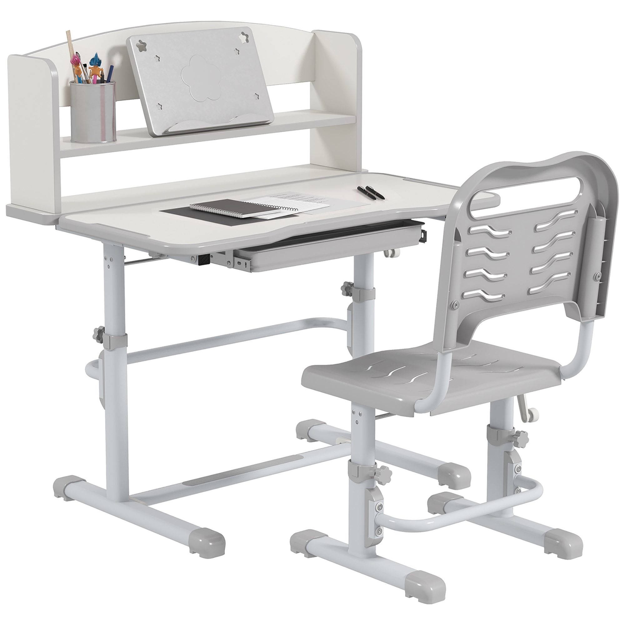 ZONEKIZ Bureau enfant avec chaise, hauteur réglable, étagère, tablette coulissante multi-rangement, gris blanc ZONEKIZ Bureau enfant avec chaise, hauteur réglable, étagère, tablette coulissante multi-rangement, gris blanc