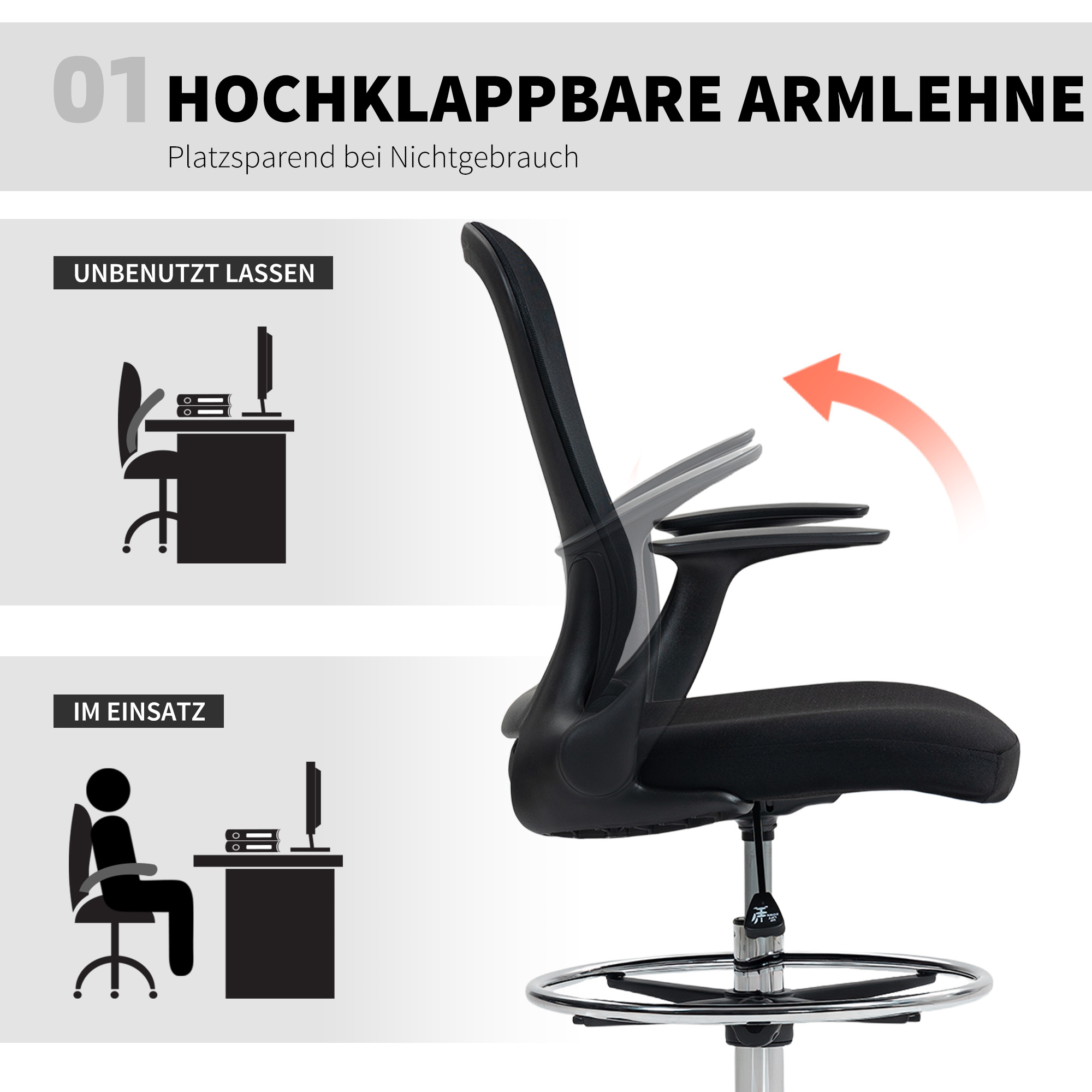 Kõrguse reguleerimisega kontoritool reguleeritava jalaratta ja nimmetoega, 62 x 59 x 119 cm, must