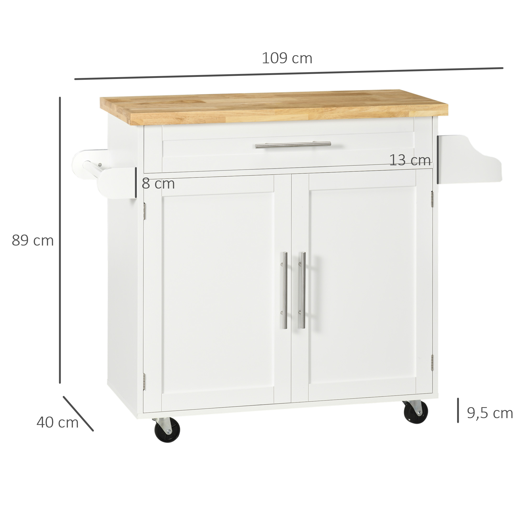 Köögikäru/serveerimiskäru/köögisaar, 1 maitseaineriiul, 1 käterätikuivati, 109 cm x 40 cm x 89 cm, valge