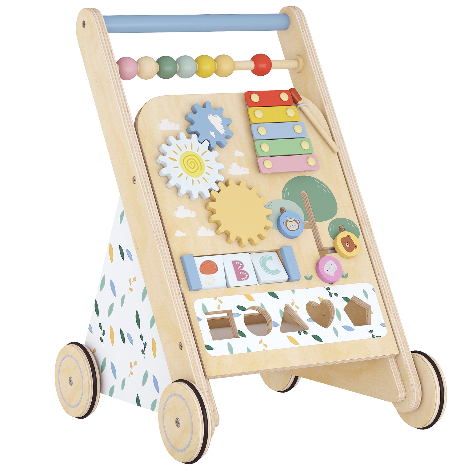 AIYAPLAY Baby Lauflernwagen Holz Lauflernhilfe mit Rädern regulierbarer Geschwindigkeit Bauklötze Montessori Aktivitätszentrum Baby Walker Gehhilfe Spielzeug Geschenk für Kleinekinder ab 18 Monaten Aosom