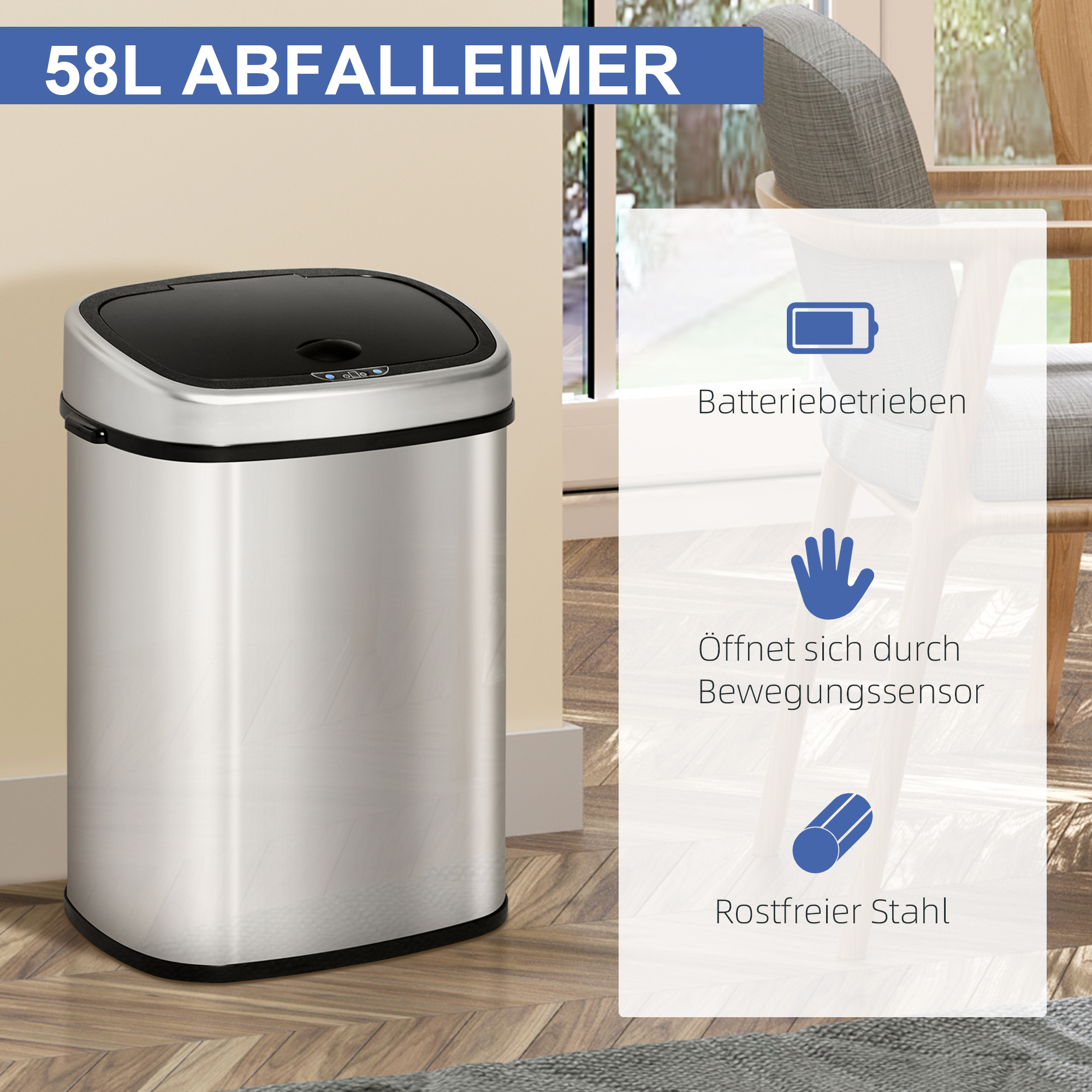 58L automaatne anduriga prügikast liikumisanduriga, veekindel roostevabast terasest prügikast kööki, kontorisse, magamistuppa, hõbedane