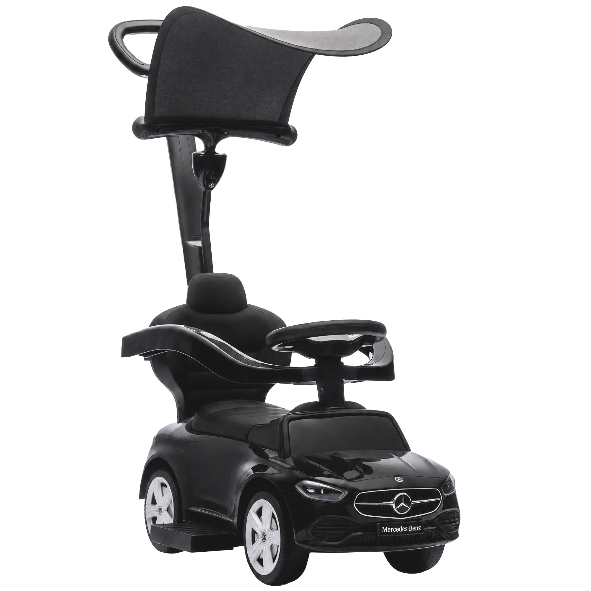 AIYAPLAY 3-in-1 Rutschauto mit Schiebstange Mercedes-Benz Rutschfahrzeug mit Lenkrad Schiebeauto Kinderfahrzeug mit Hupe Musik Dach Sitzstauraum Kinderauto für Kinder von 12–36 Monate, Schwarz Aosom